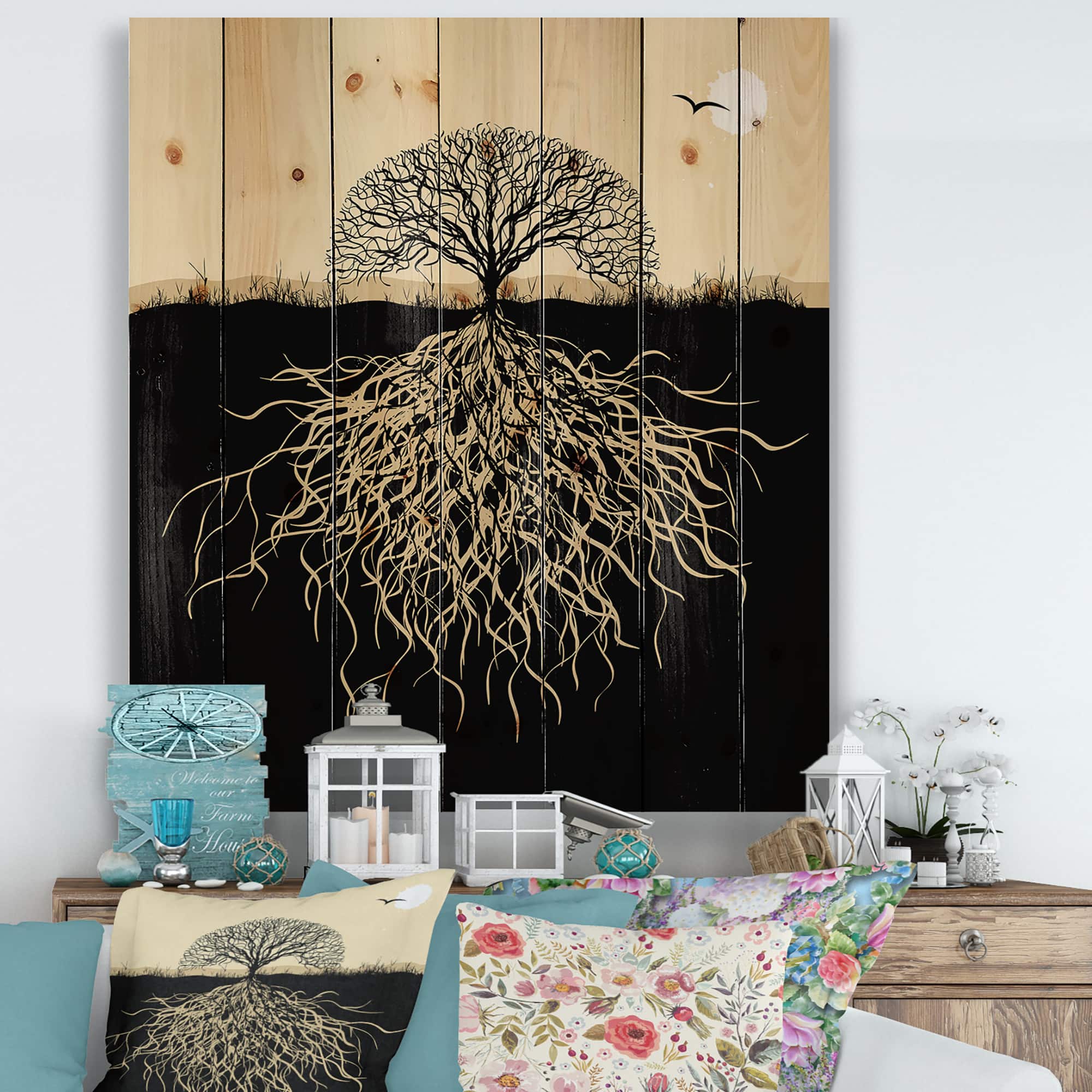 Designart - Tree Silhouette With Roots - Traditional Print on Natural Pine Wood