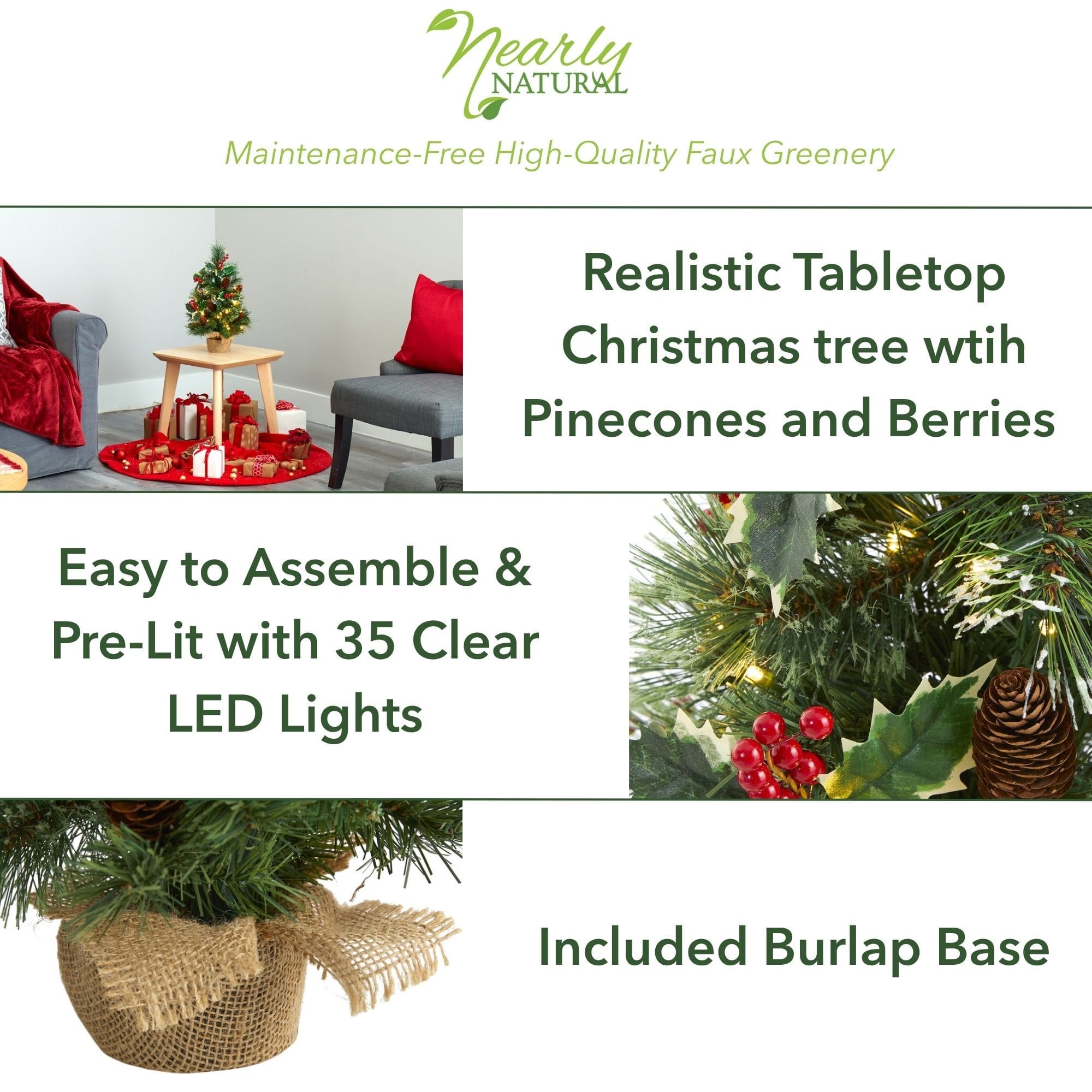 18&#x22; Pre-Lit Mixed Pine Artificial Christmas Tree with Holly Berries &#x26; Pinecones, Clear LED Lights