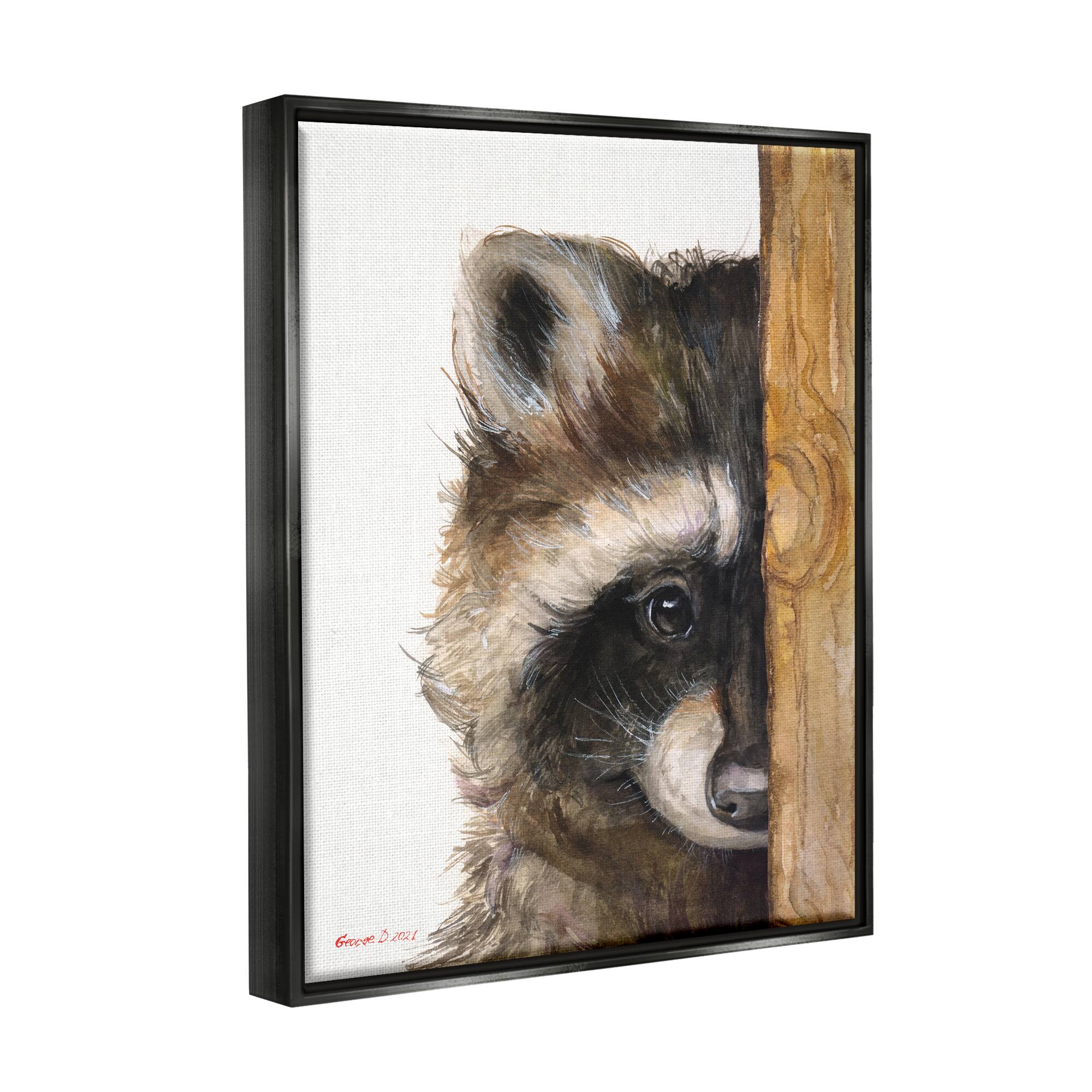 Stupell Industries Raccoon with Wood Fence Illustration Framed Floater Canvas Wall Art