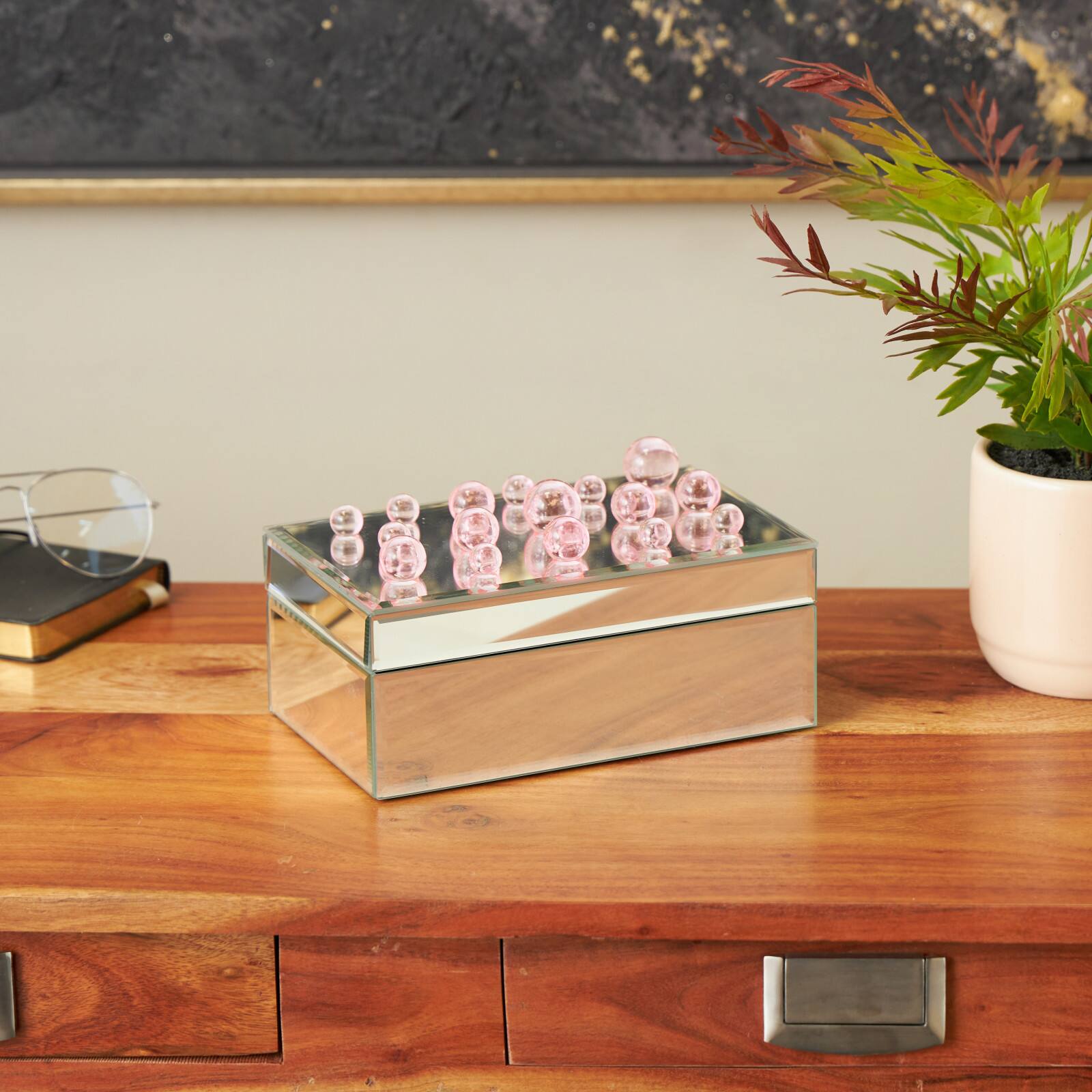 8&#x22; x 5&#x22; x 4.5&#x22; Silver Glass Mirrored Decorative Jewelry Box with Pink Bubble Textured Balls