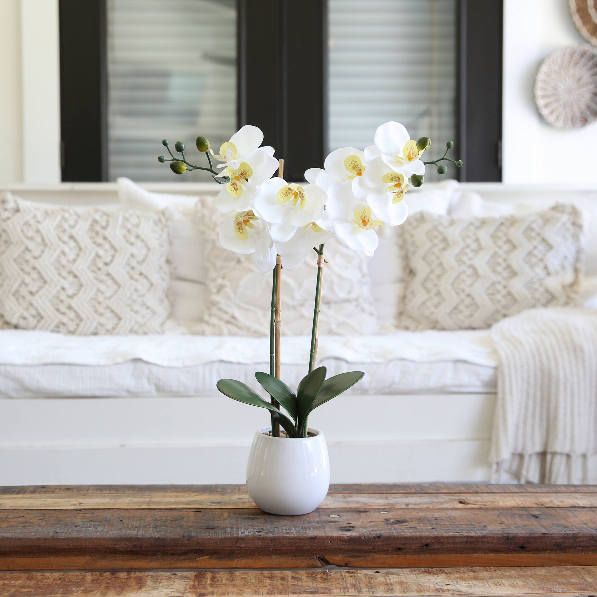 26&#x22; Artificial Real Touch White Double Orchid Phalaenopsis with Decorative Vase