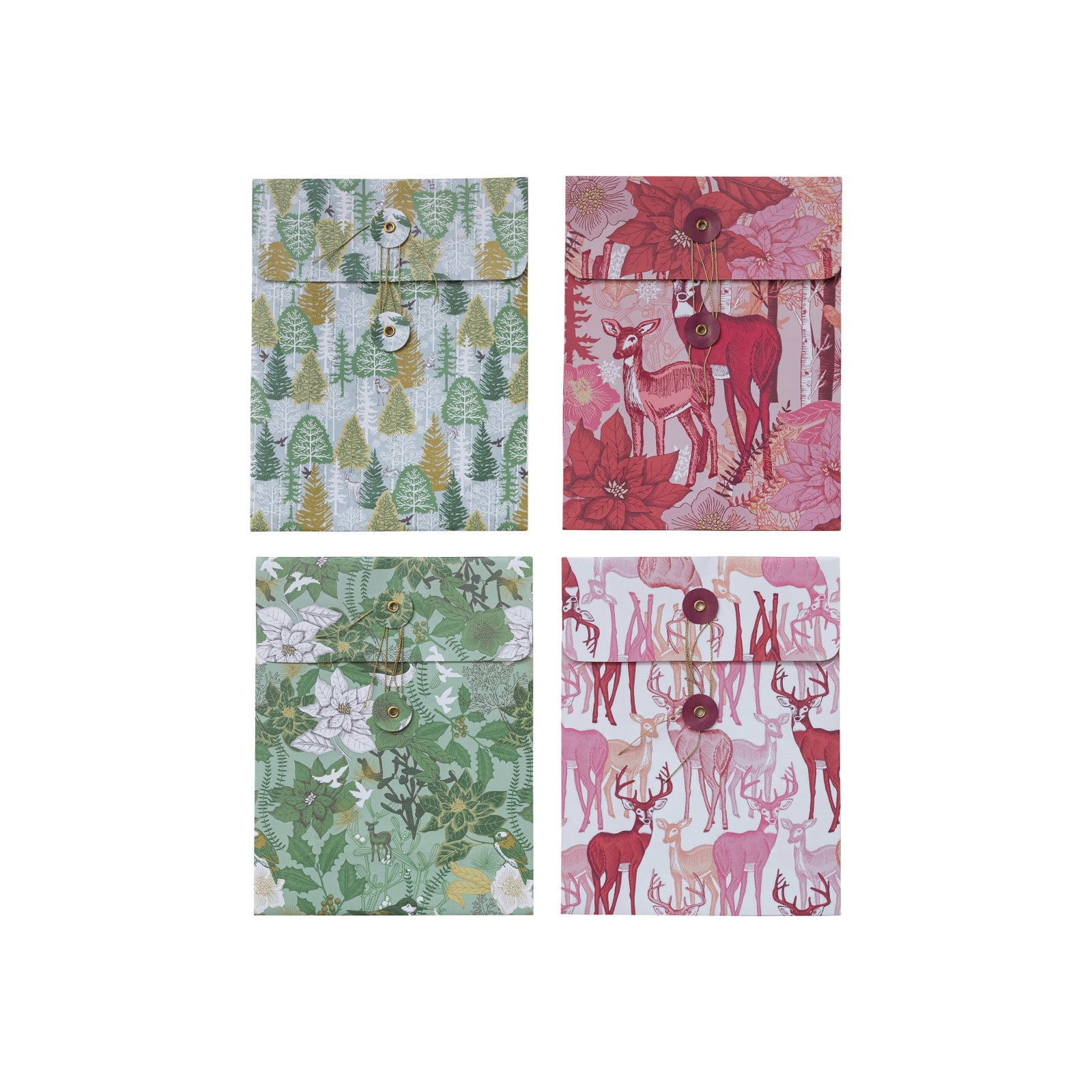 Hello Honey Multicolor Reindeer, Tree & Flowers Printed Paper Gift Bags with Tie Closures, 4ct.