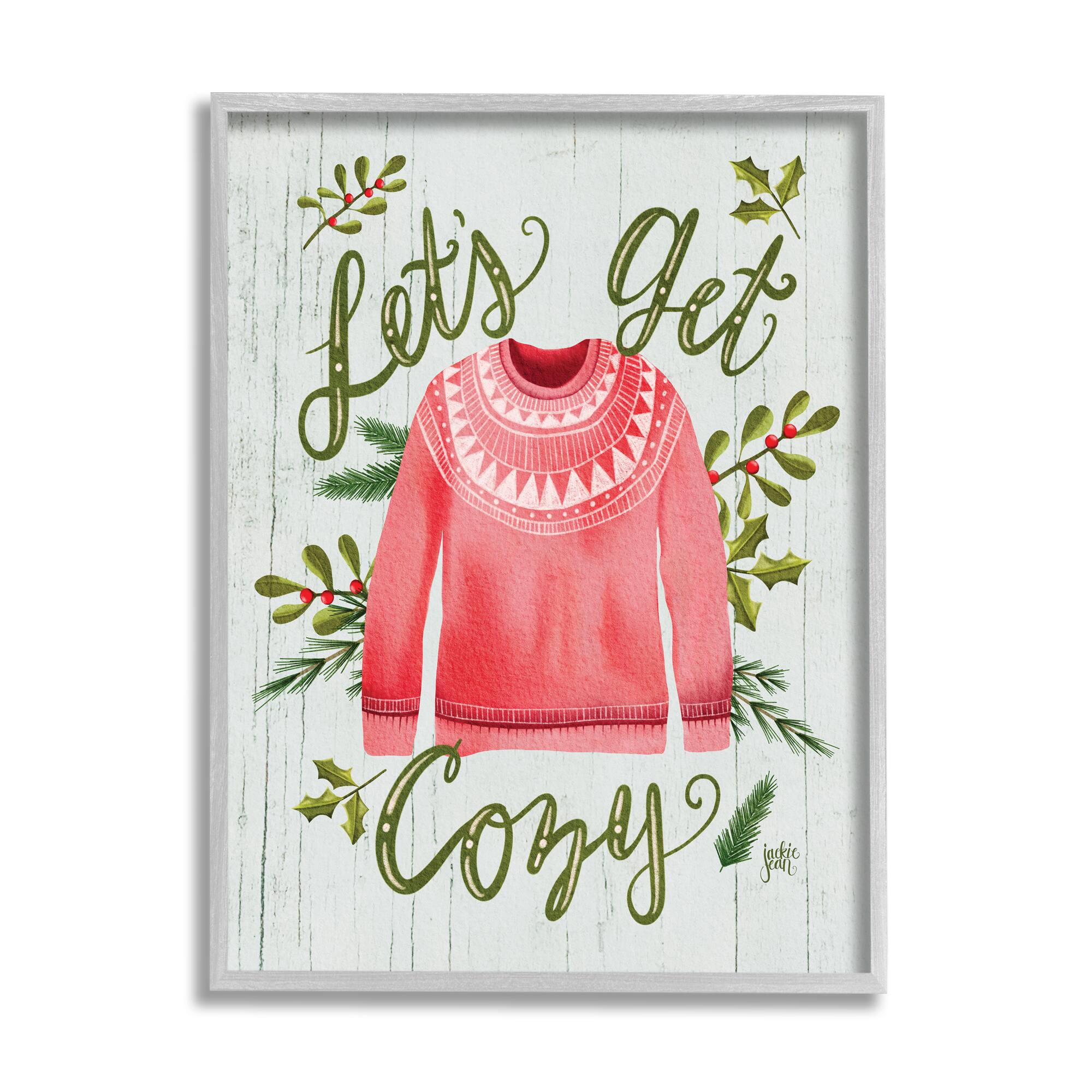 Stupell Industries Let's Get Cozy Holly Plants Pink Winter Sweater in Frame Wall Art