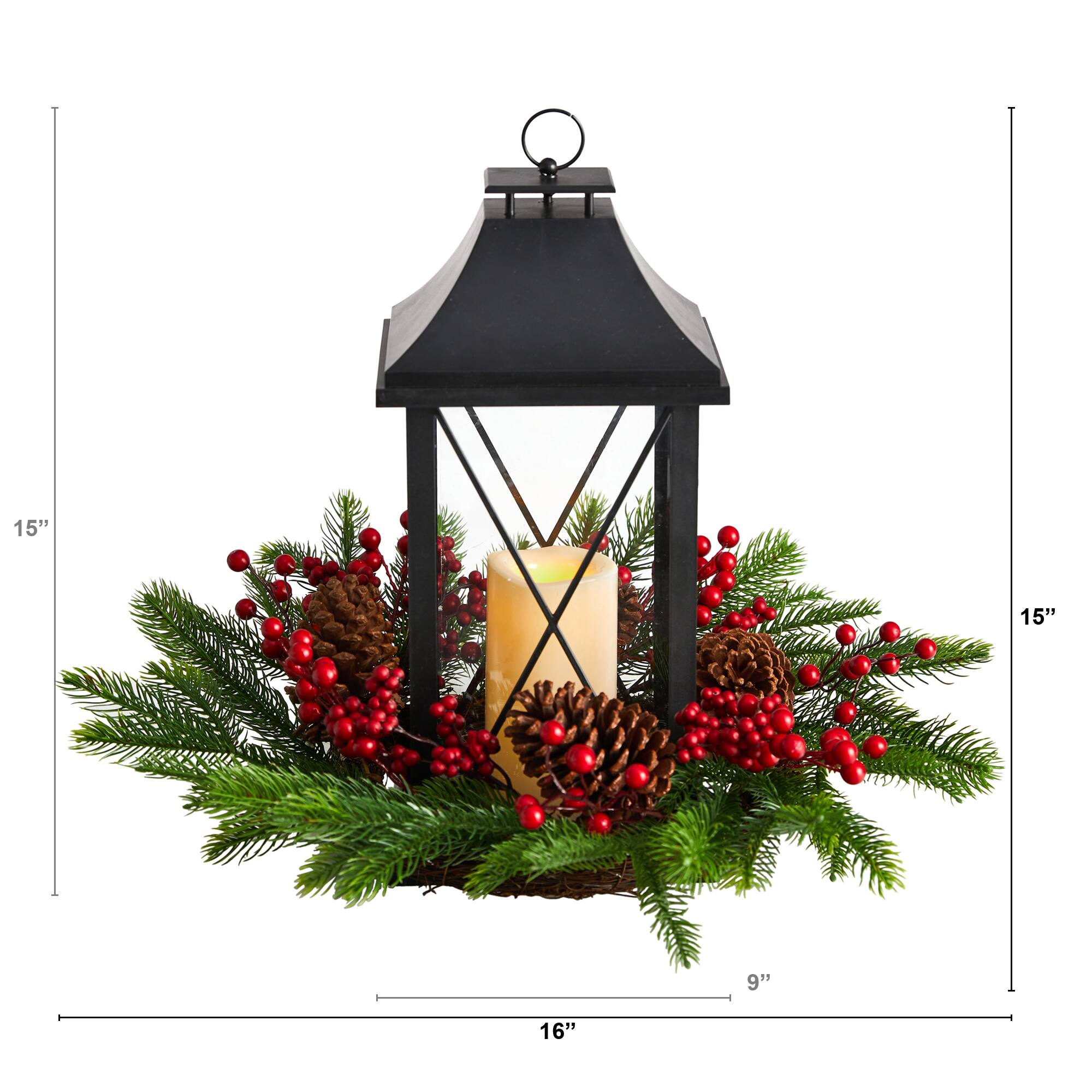 16" Christmas Berries, Pinecones & Greenery with Lantern and LED Candle Artificial Table Arrangement