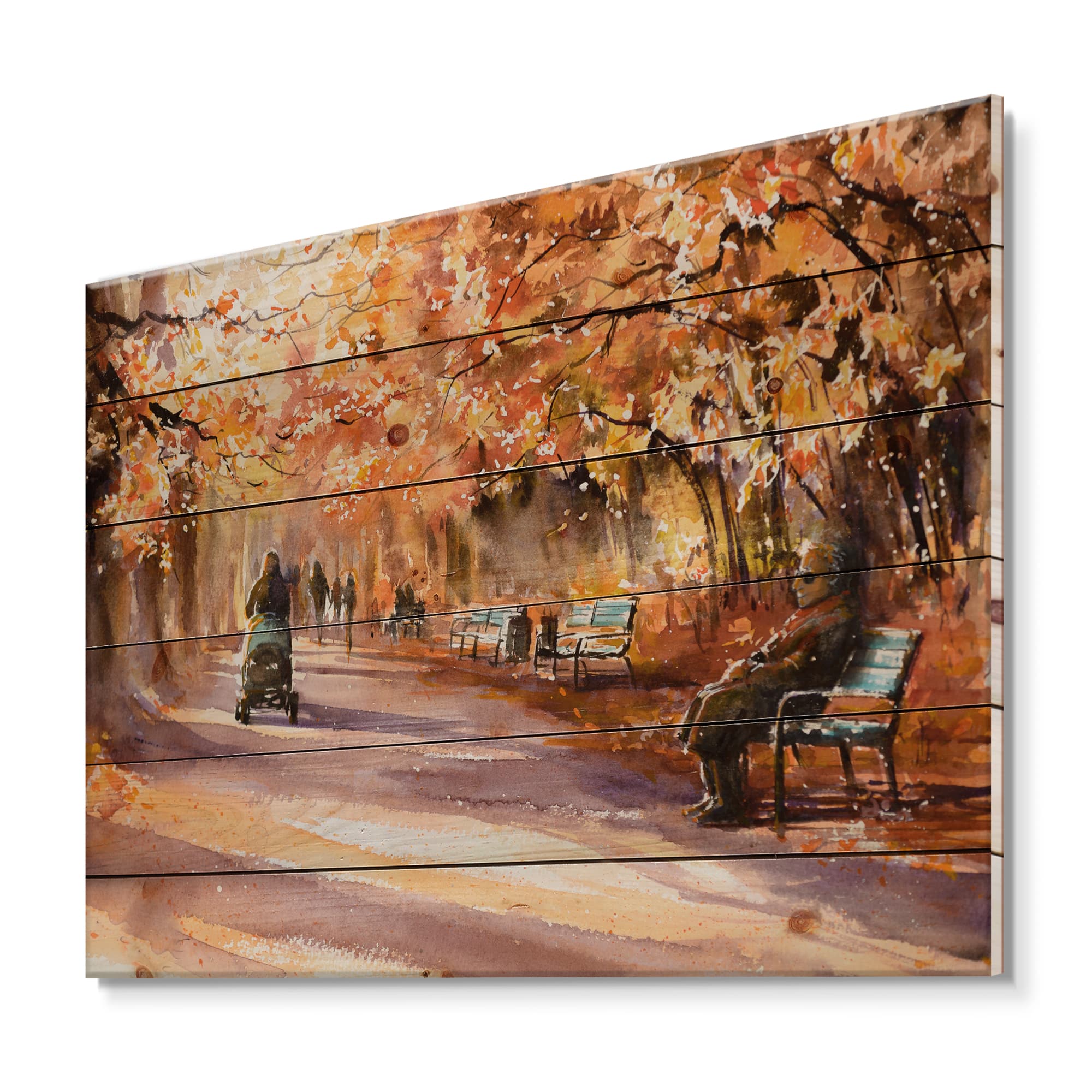 Designart - Road In The Park In Sunny Autumn Day - Country Print on Natural Pine Wood