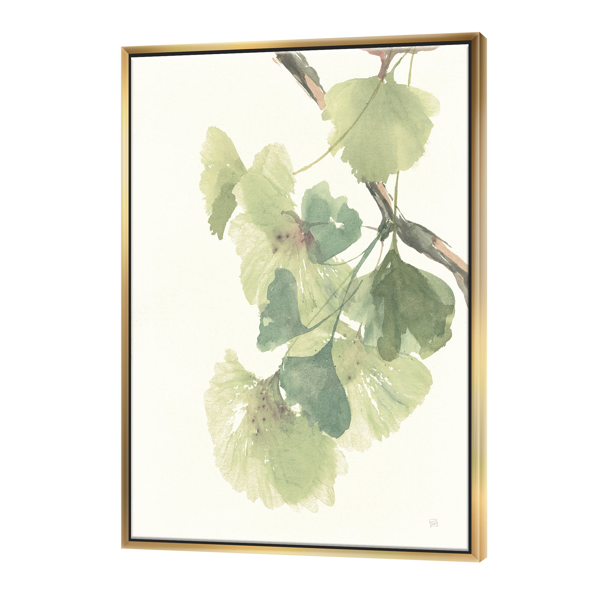 Designart - Watercolor Gingko Leaves II - Cabin & Lodge Canvas in Gold Frame