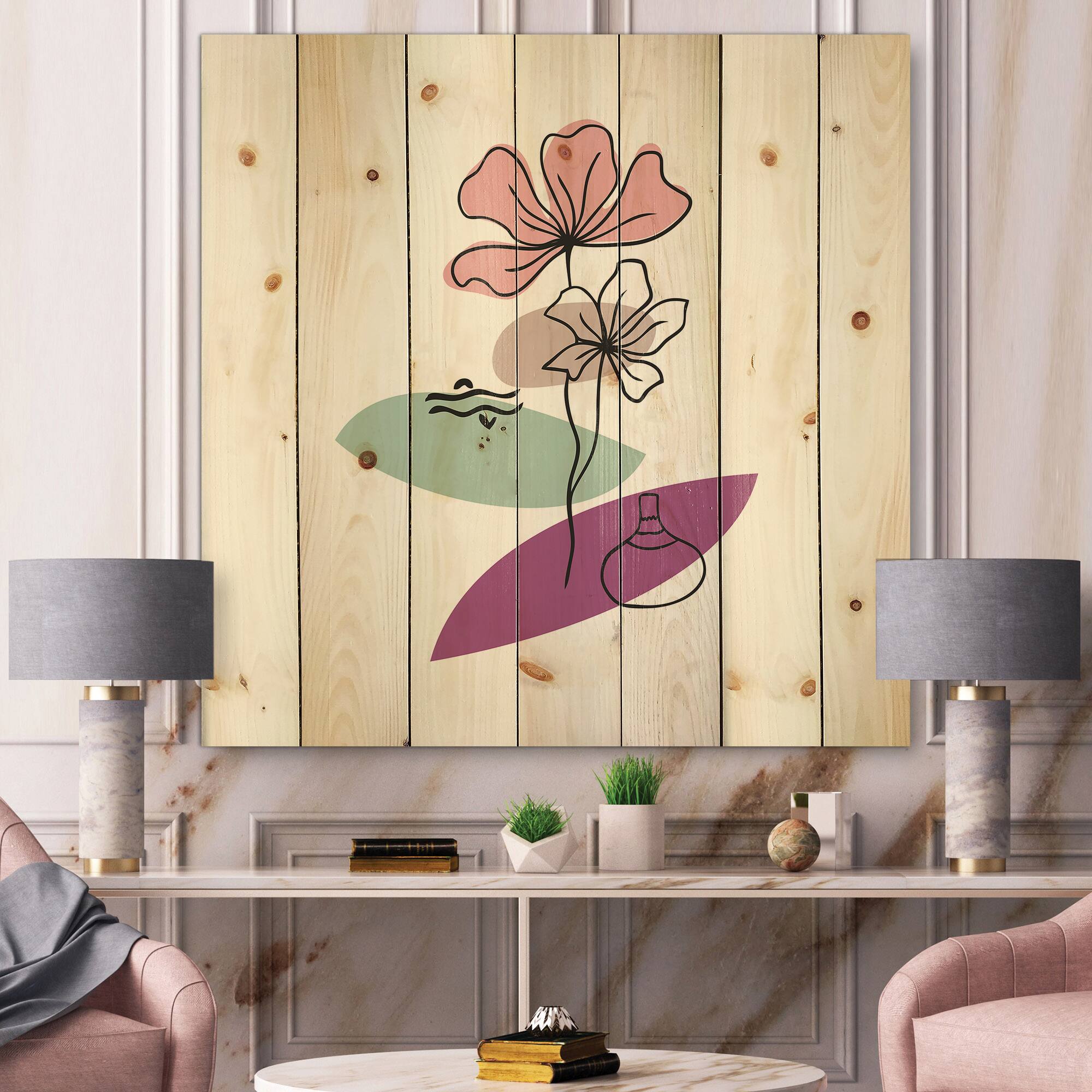 Designart - Elementary Shapes With Abstract Flowers Plants IV - Modern Print on Natural Pine Wood