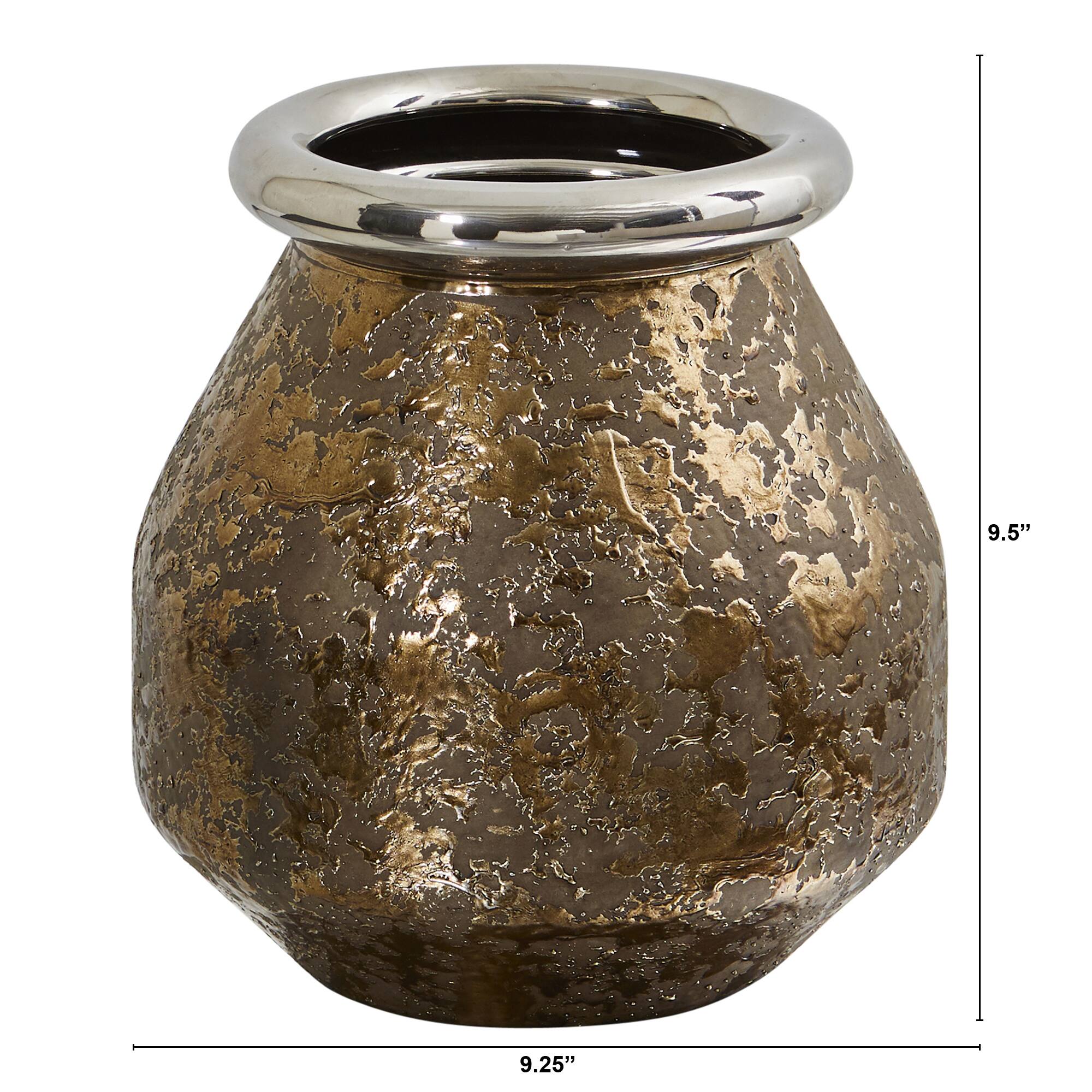 9.5&#x22; Textured Bronze Vase with Silver Rim