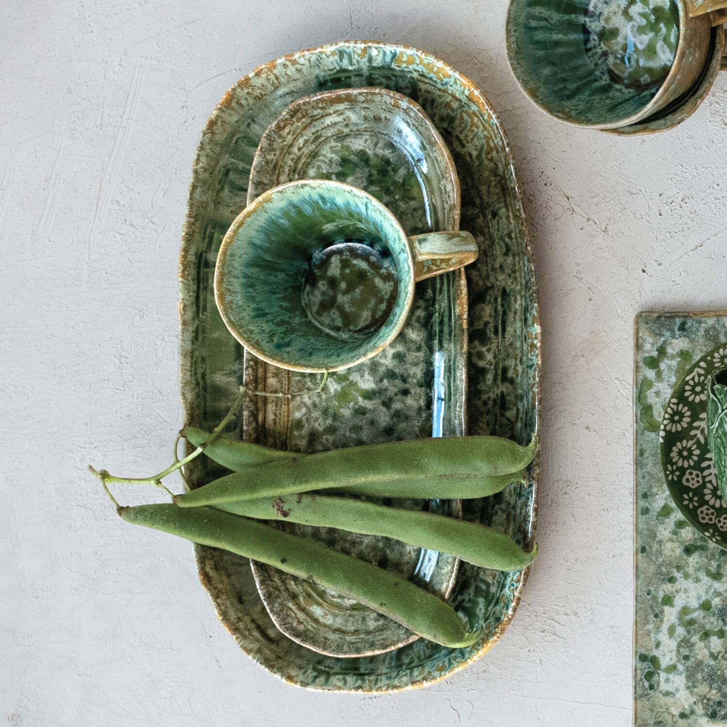 Hello Honey® 14.75" Green Stoneware Platters with Reactive Crackle Glaze, 6ct.