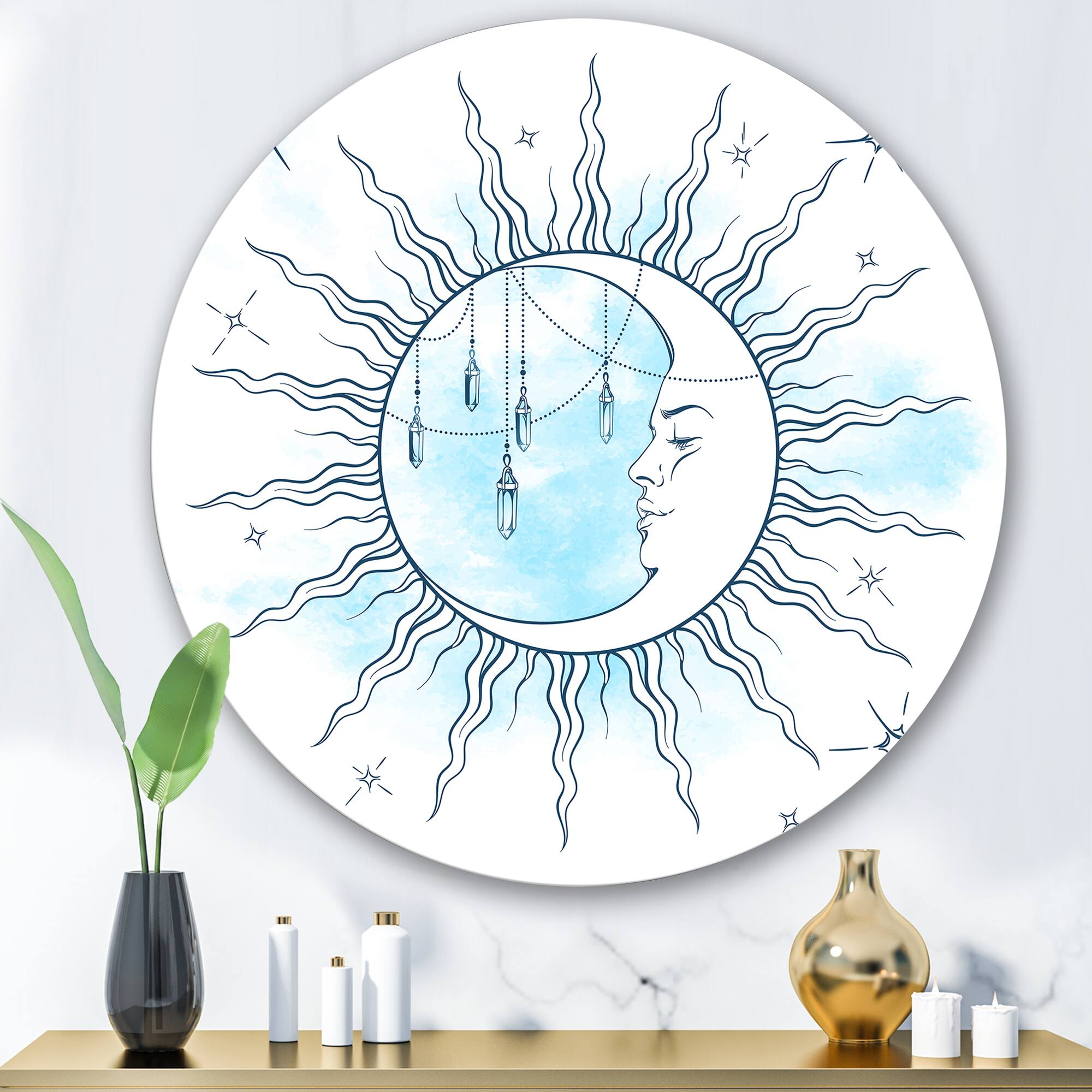 Designart - Blue Crescent Moon With Moonstone Pendants & Stars - Bohemian & Eclectic Metal Circle Wall Art