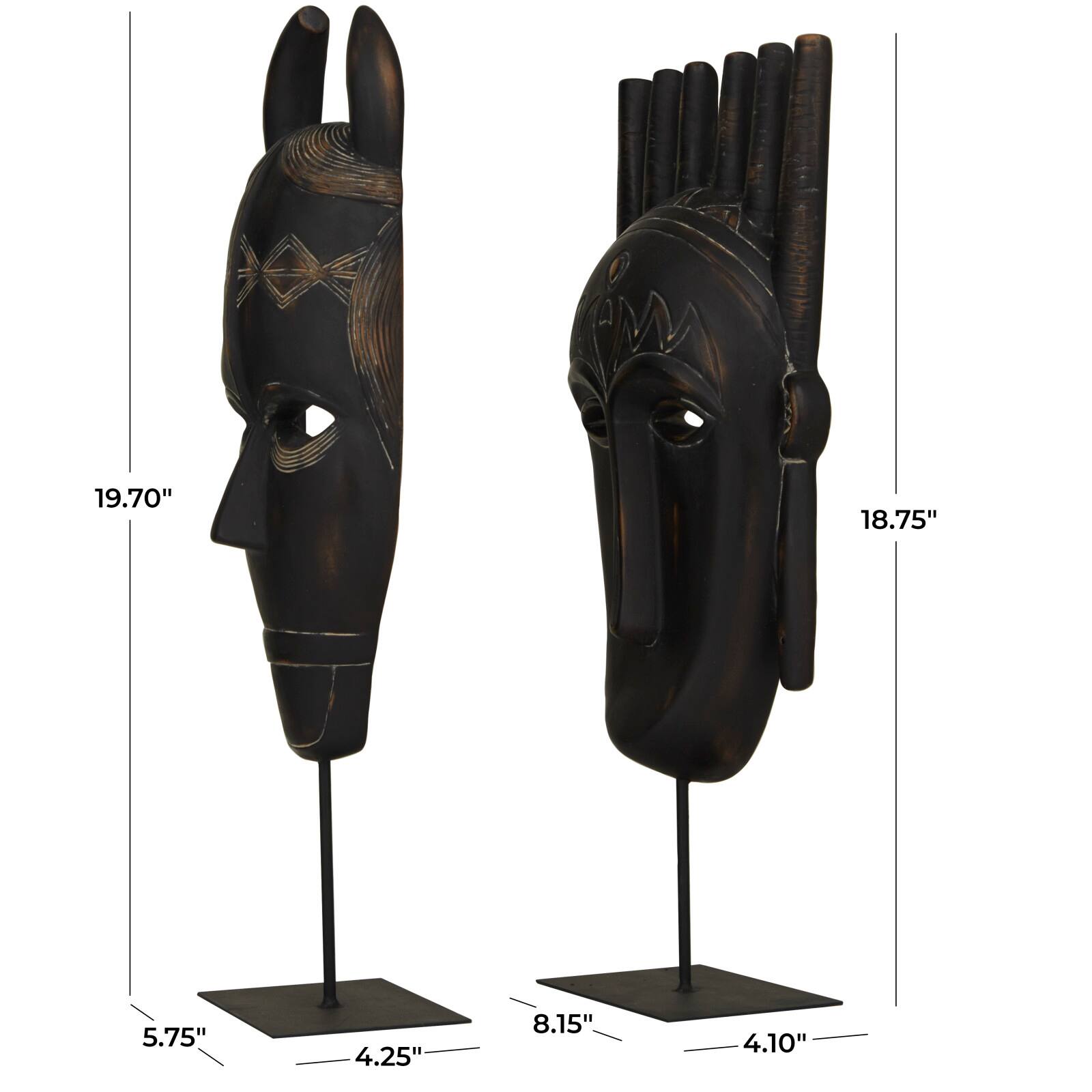 Black Polystone Handmade Carved Mask Sculpture Set