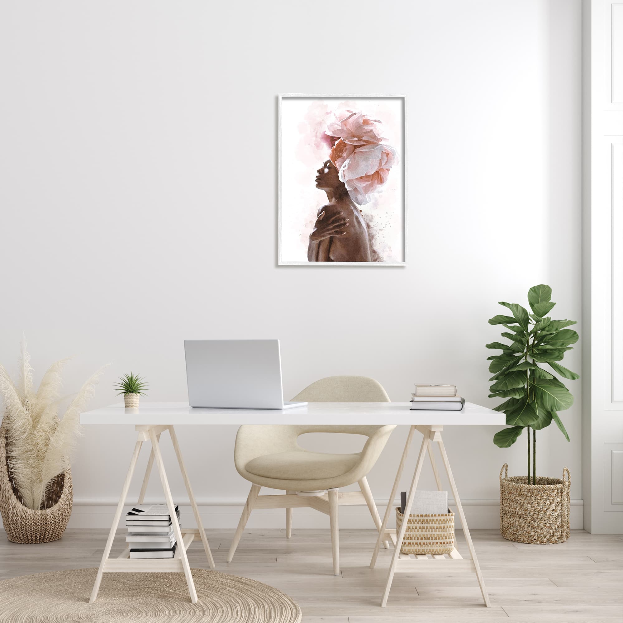 Stupell Industries African American Woman Pink Floral Crown Abstract Portrait in White Frame Wall Art