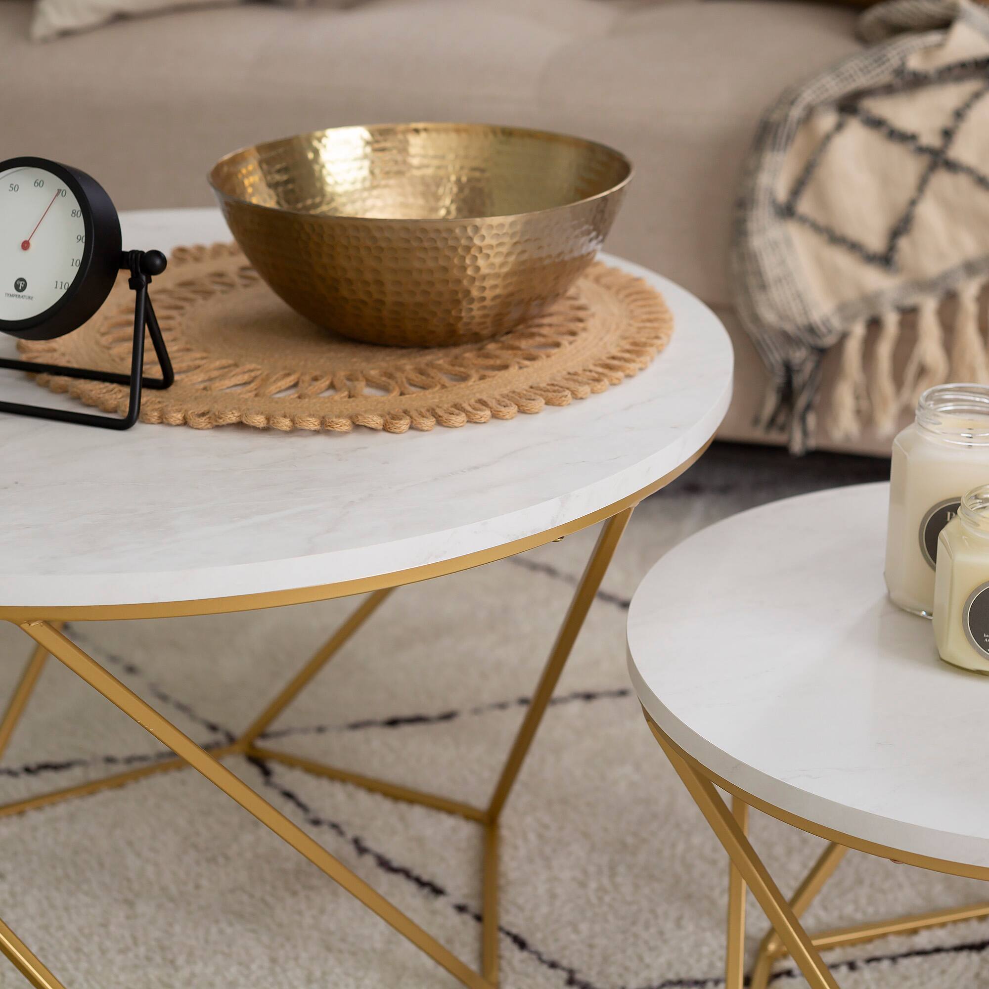 Faux White Marble &#x26; Gold Geometric Modern Nesting Coffee Table Set