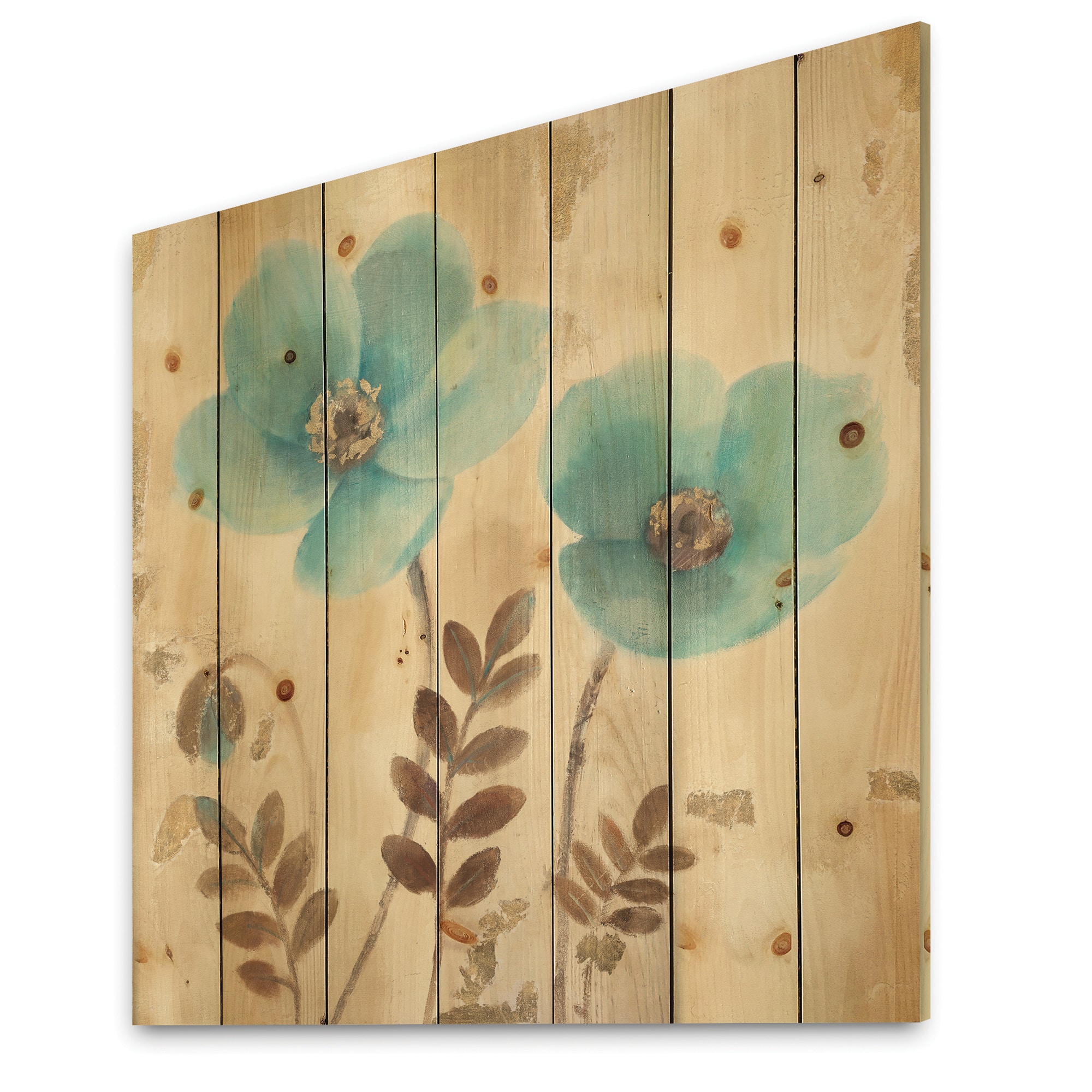 Designart - Blue Poppies Cottage Flowers I - Farmhouse Print on Natural Pine Wood