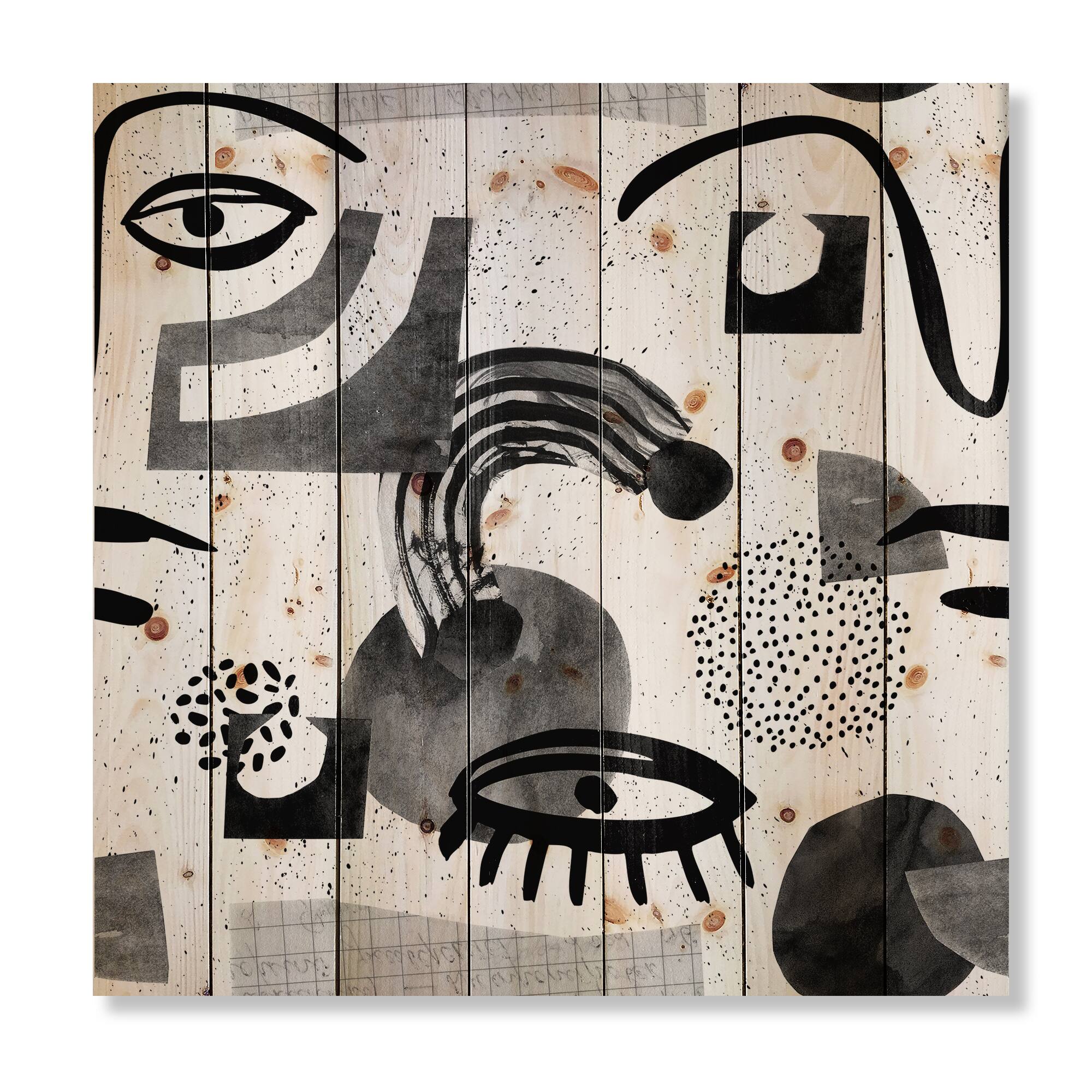 Designart - Collage of Eyes & Doodles In Contemporary Style II - Modern Print on Natural Pine Wood