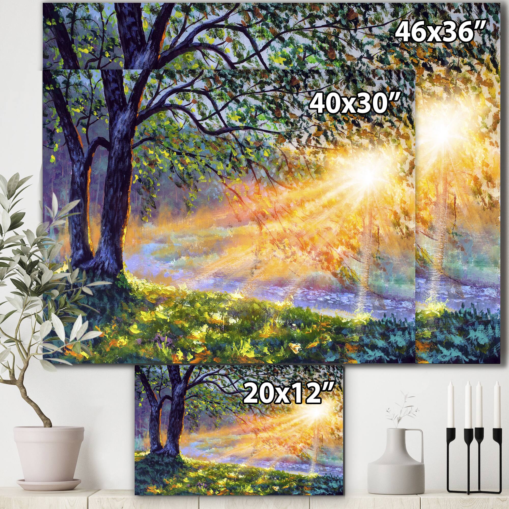 Designart - Dawn Sunshine Light By The River - Farmhouse Canvas Wall Art Print