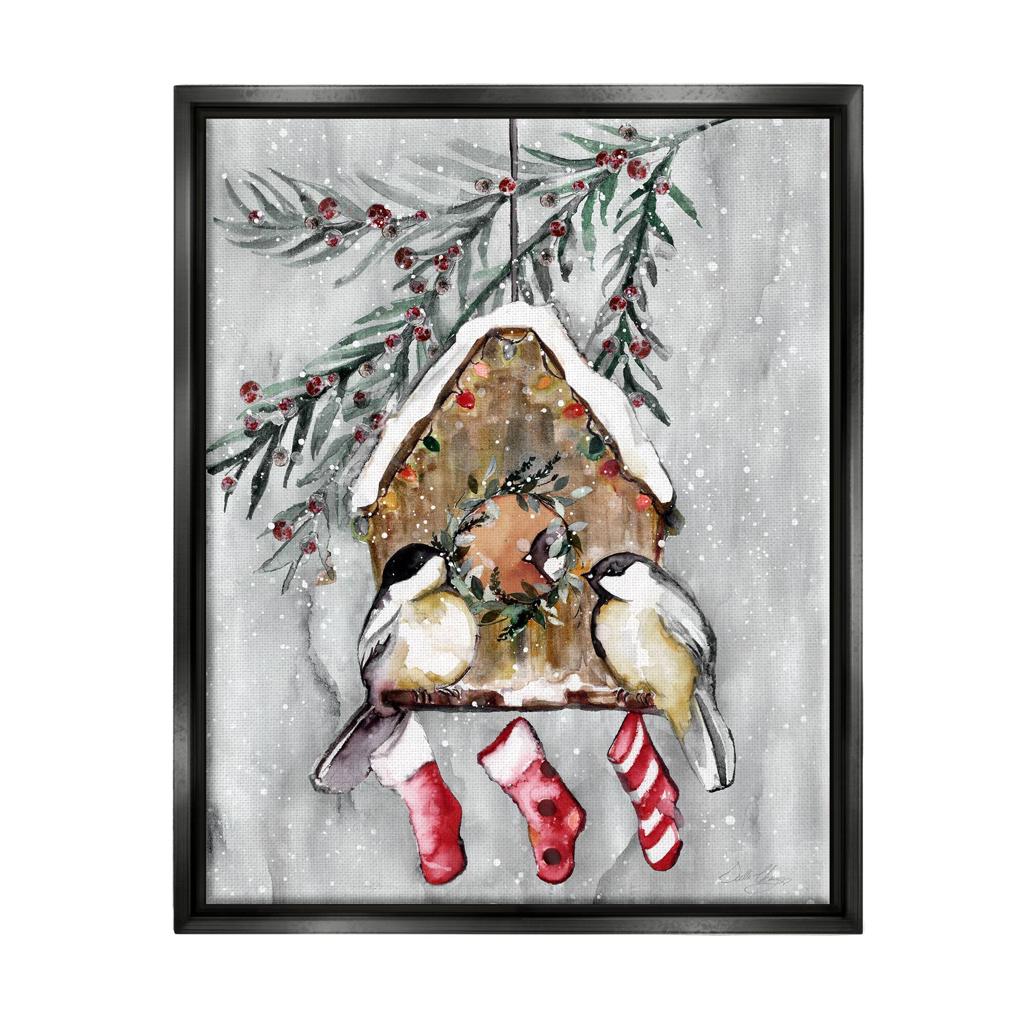 Stupell Industries Holiday Stockings Birdhouse Perched Framed Floater Canvas Wall Art