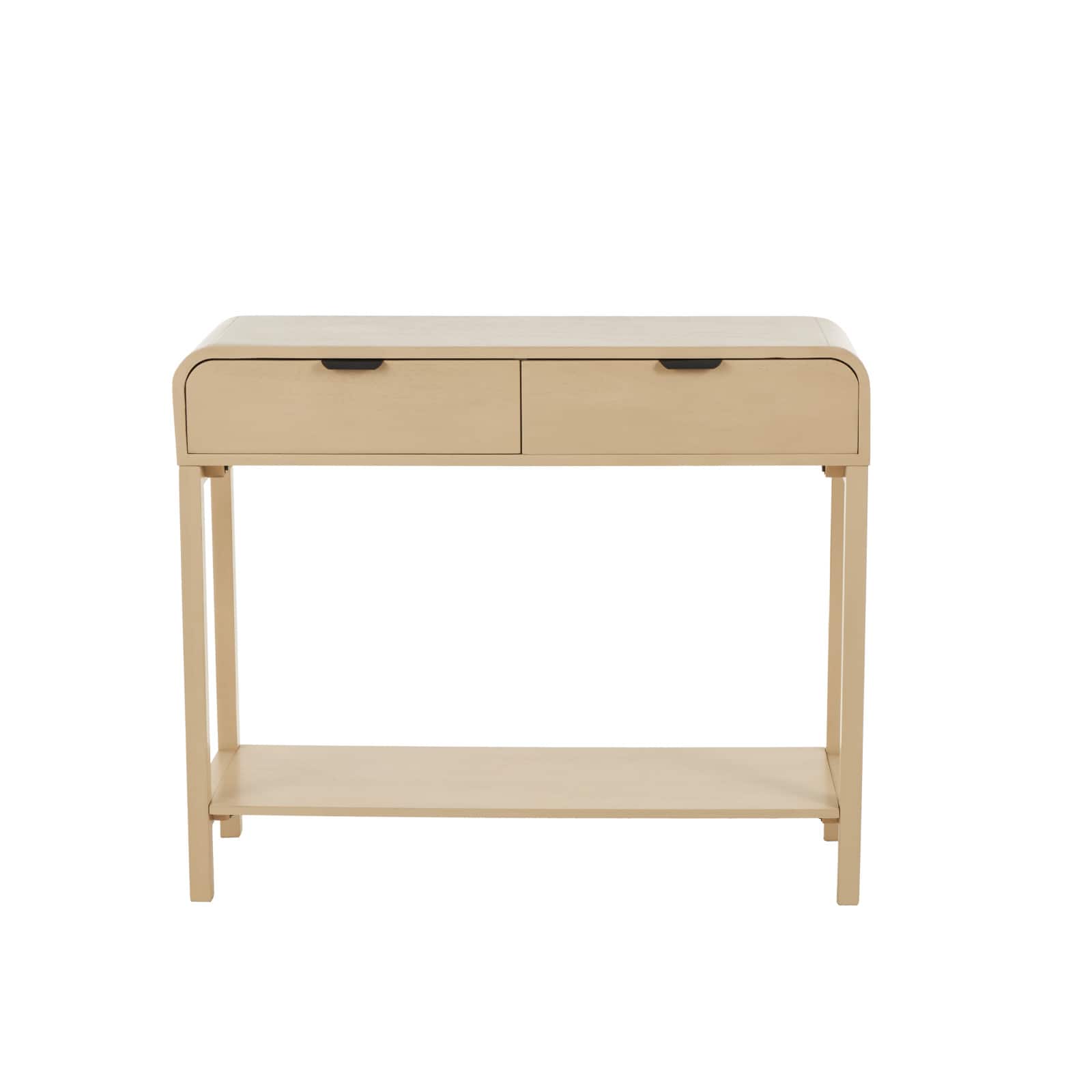 35.5" Beige Wood Handmade 2-Drawer Console Table with Black Handles