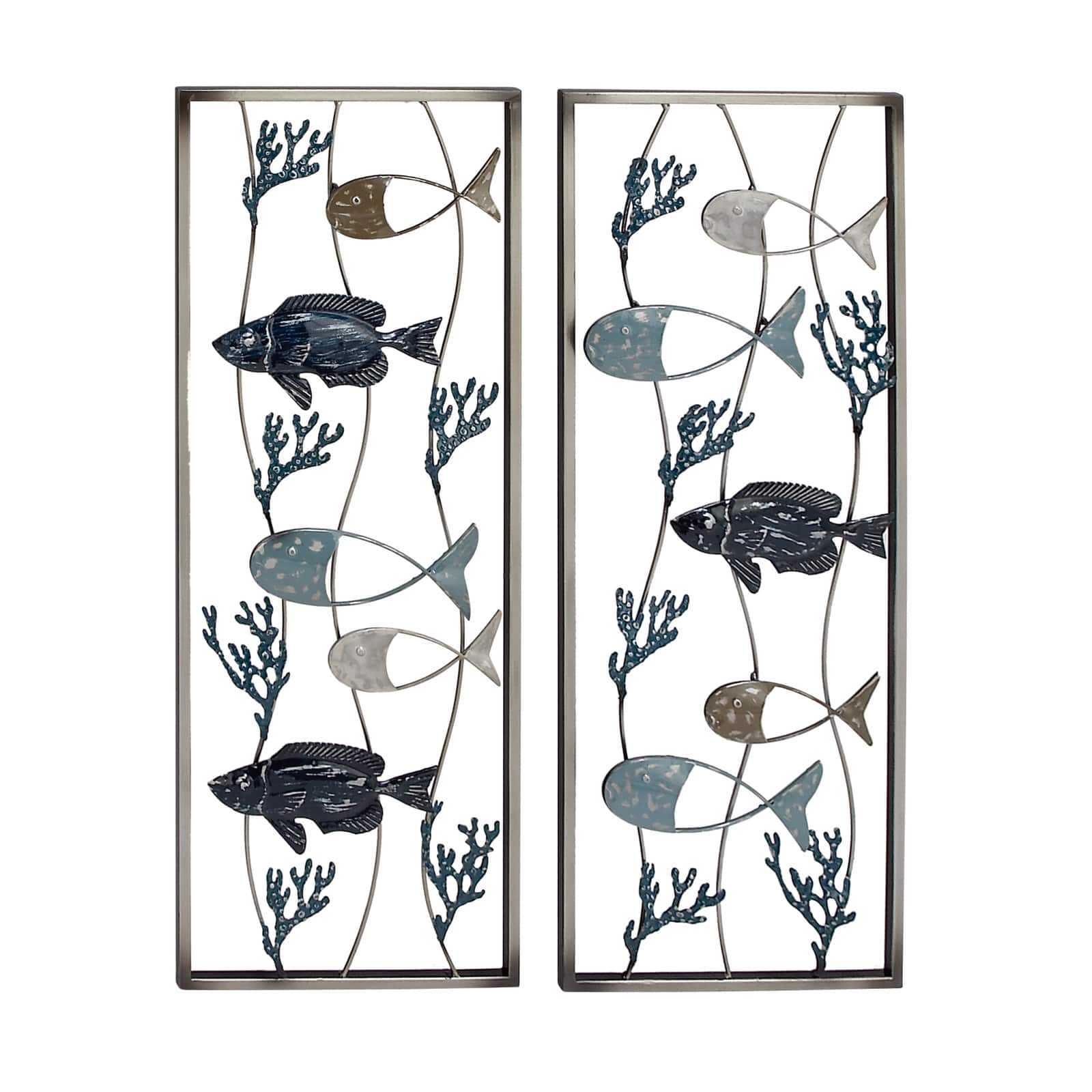 Set of 2 Blue Metal Coastal Fish Wall Decor, 11" x 29"
