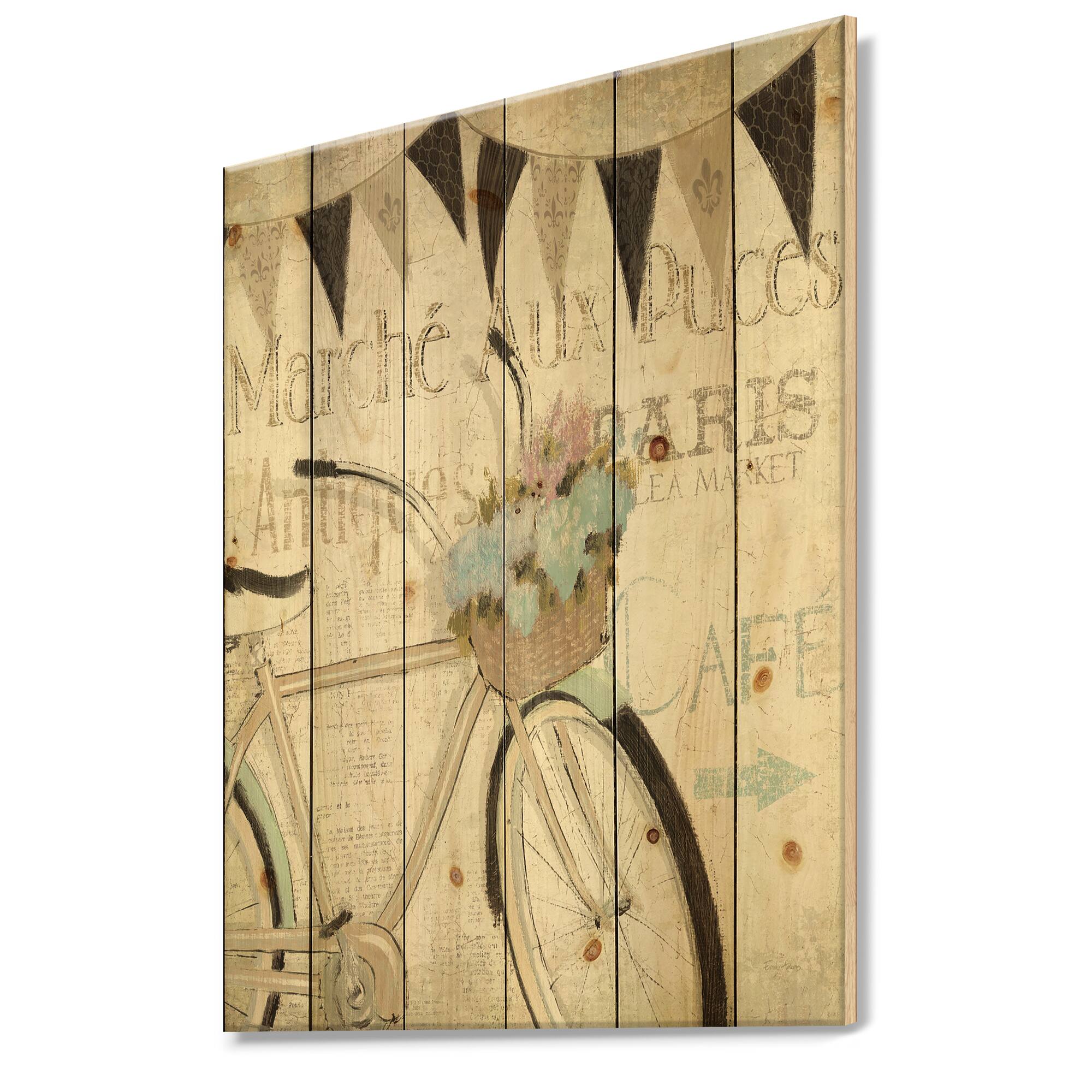 Designart - French Bicycle Flea Market I - French Country Print on Natural Pine Wood