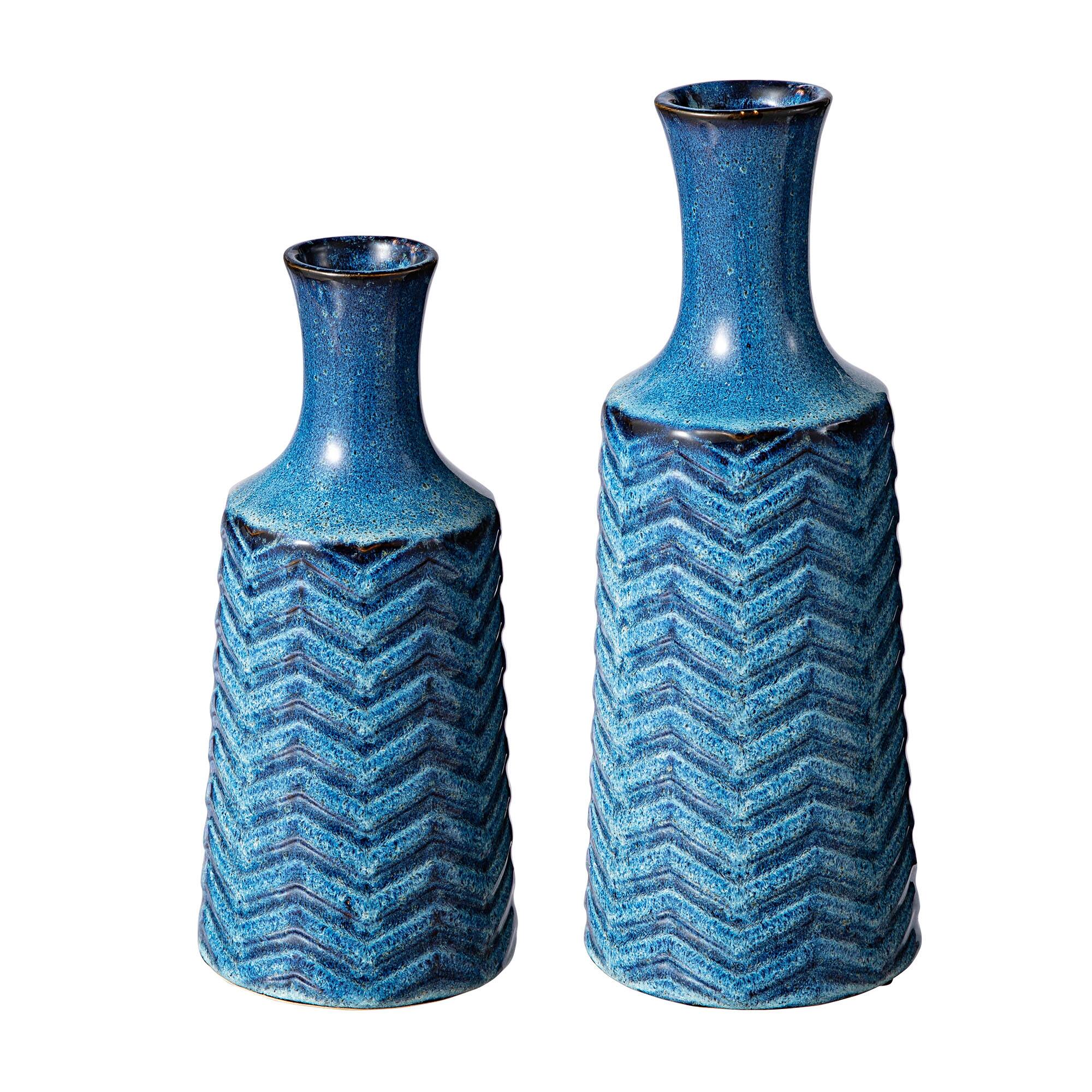 Glitzhome® Brilliant Blue Chevron Ceramic Modern Vase Set