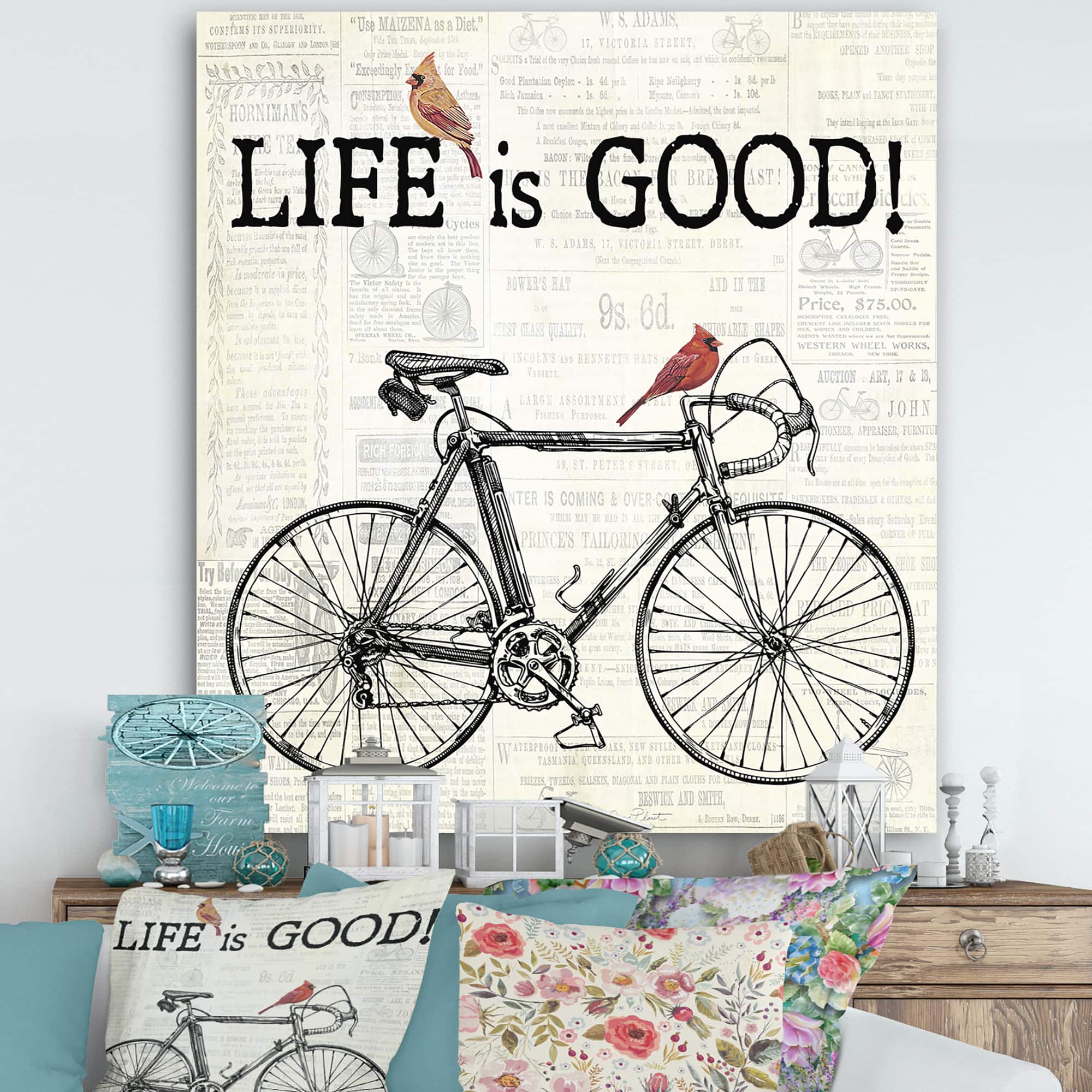 Designart - Bicycle With Cardinals C - Cottage Premium Canvas Wall Art