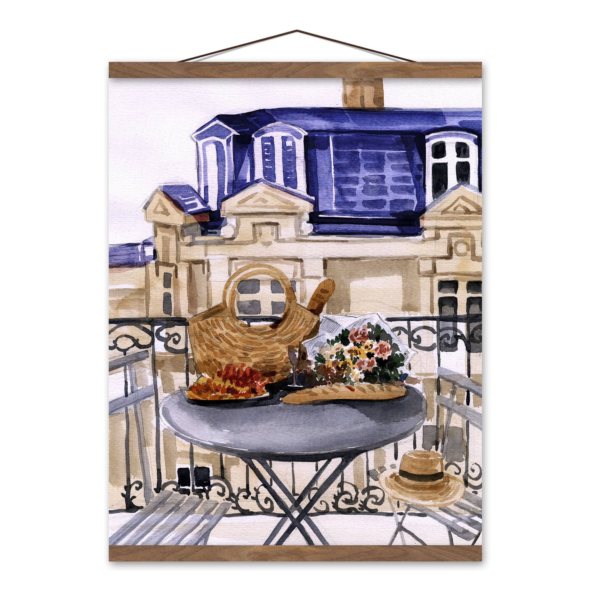Watercolor Balcony Still Life Teak Hanging Canvas