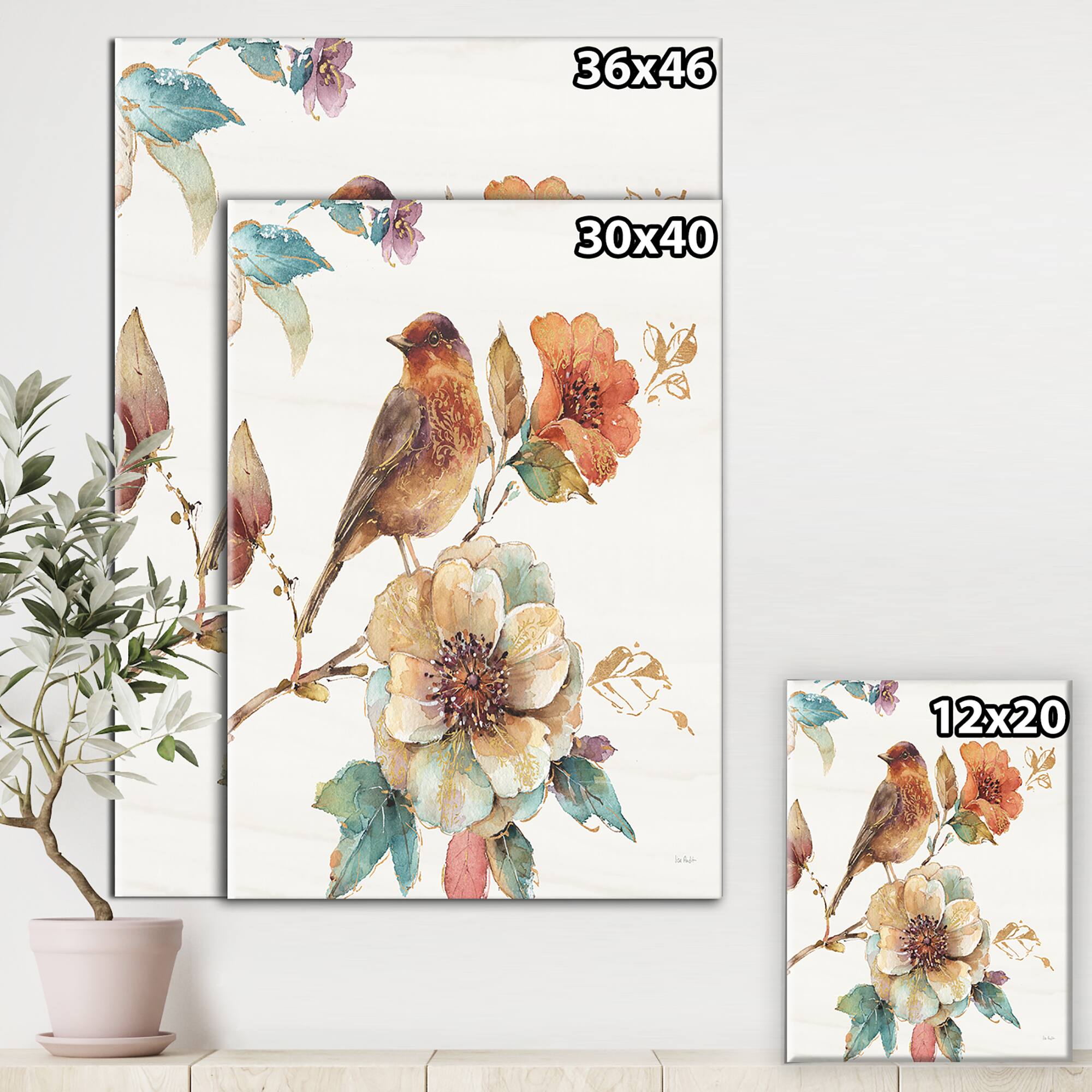 Designart - Farmhouse Bird on Flower Branch - Traditional Premium Canvas Wall Art