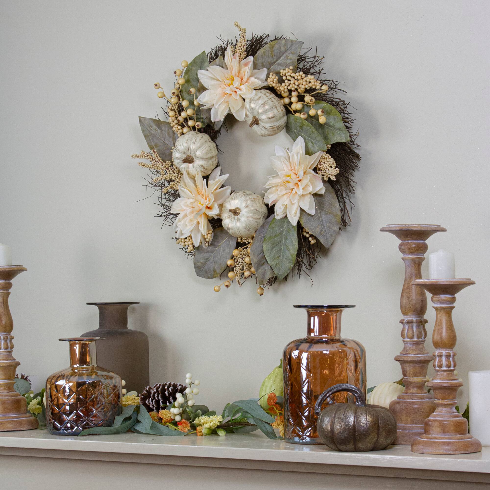22&#x22; Dahlia &#x26; Pumpkin Fall Floral Wreath