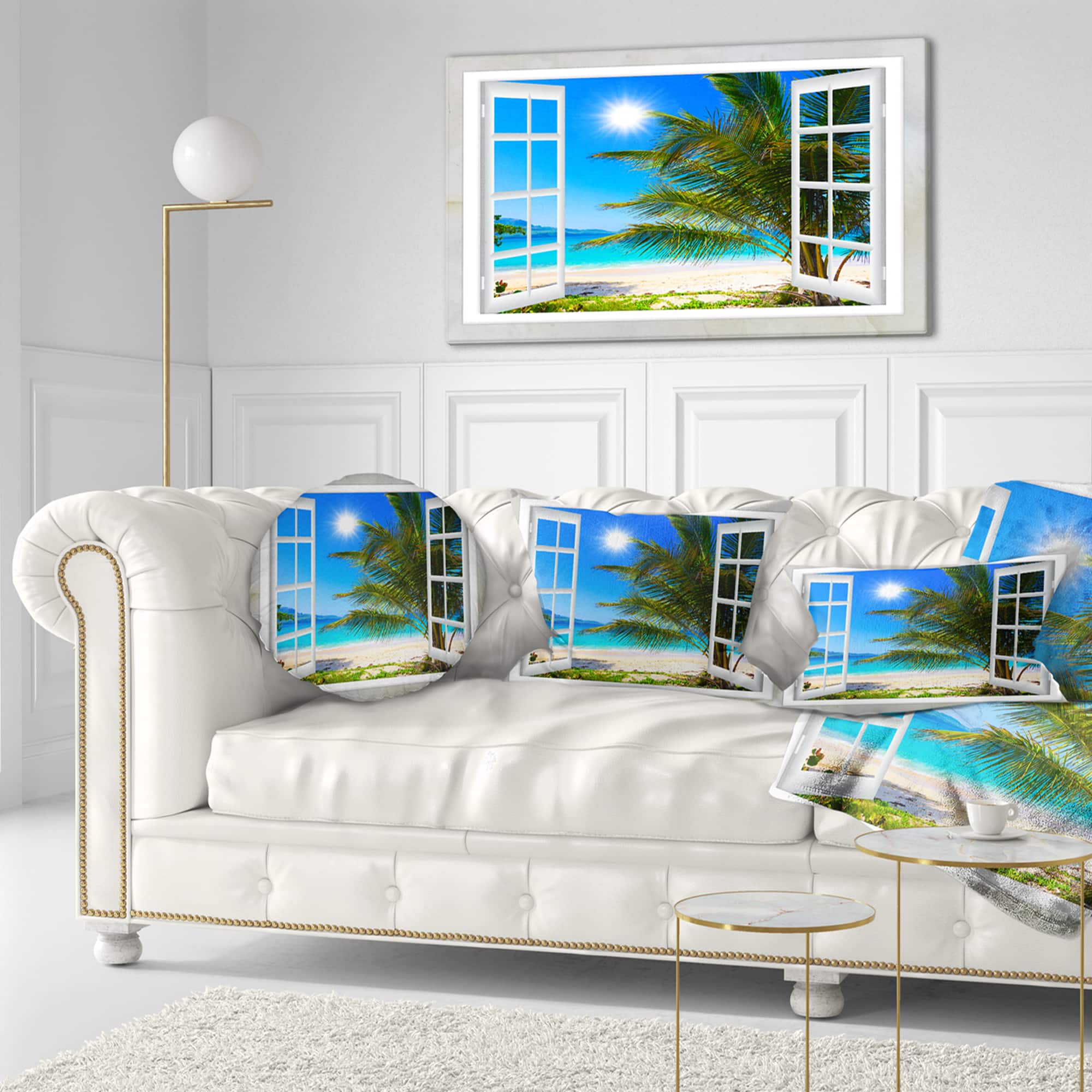 Designart - Window Open to Beach with Palm - Extra Large Seashore Canvas Art