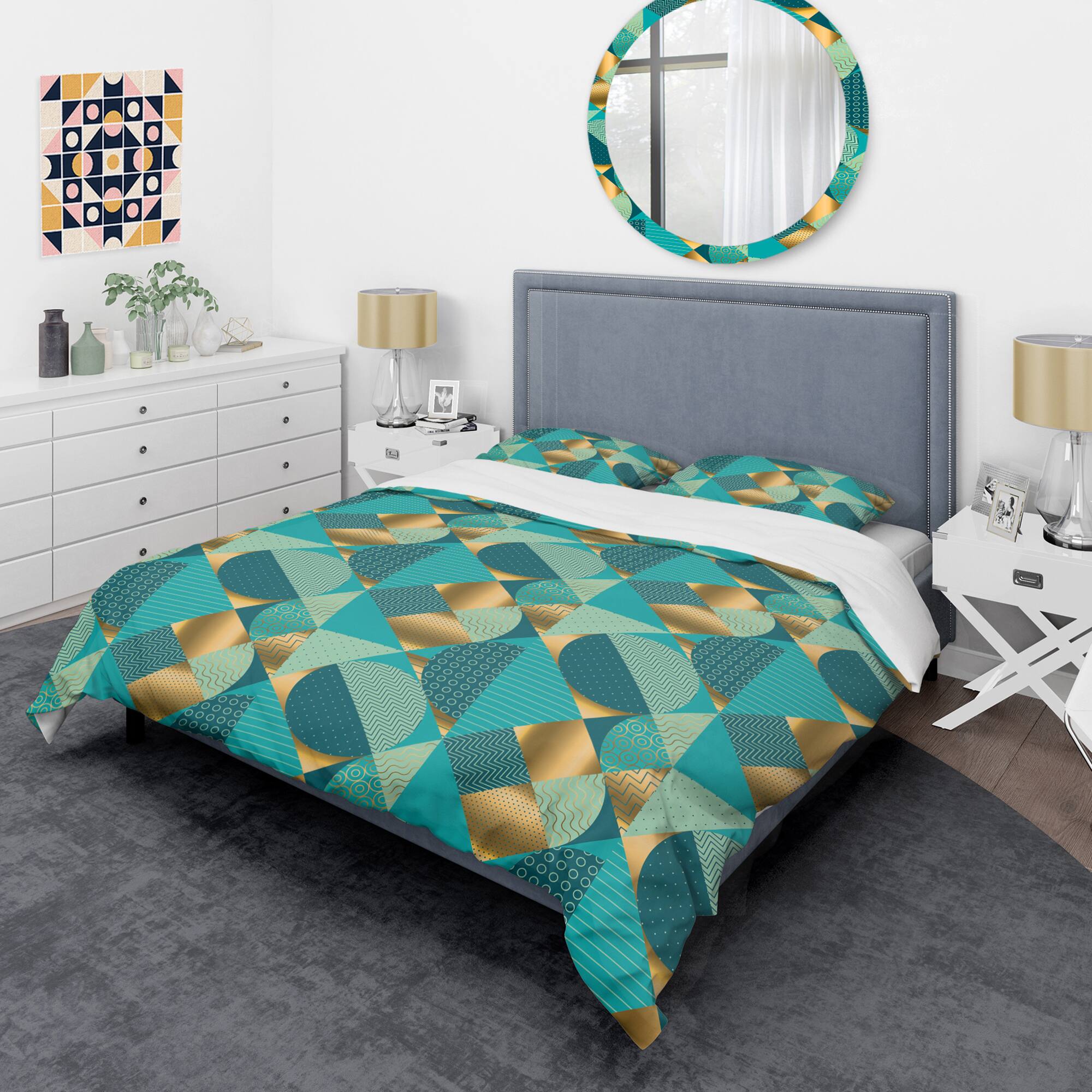 Designart 'Gold and Blue Dynamics II' Mid-Century Duvet Cover Set