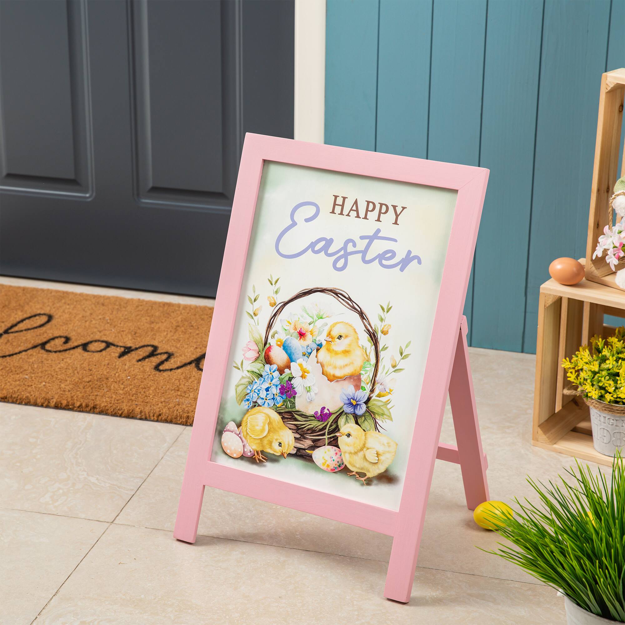 Glitzhome&#xAE; 23.75&#x22; Easter Wooden Chicks Easel Porch Sign