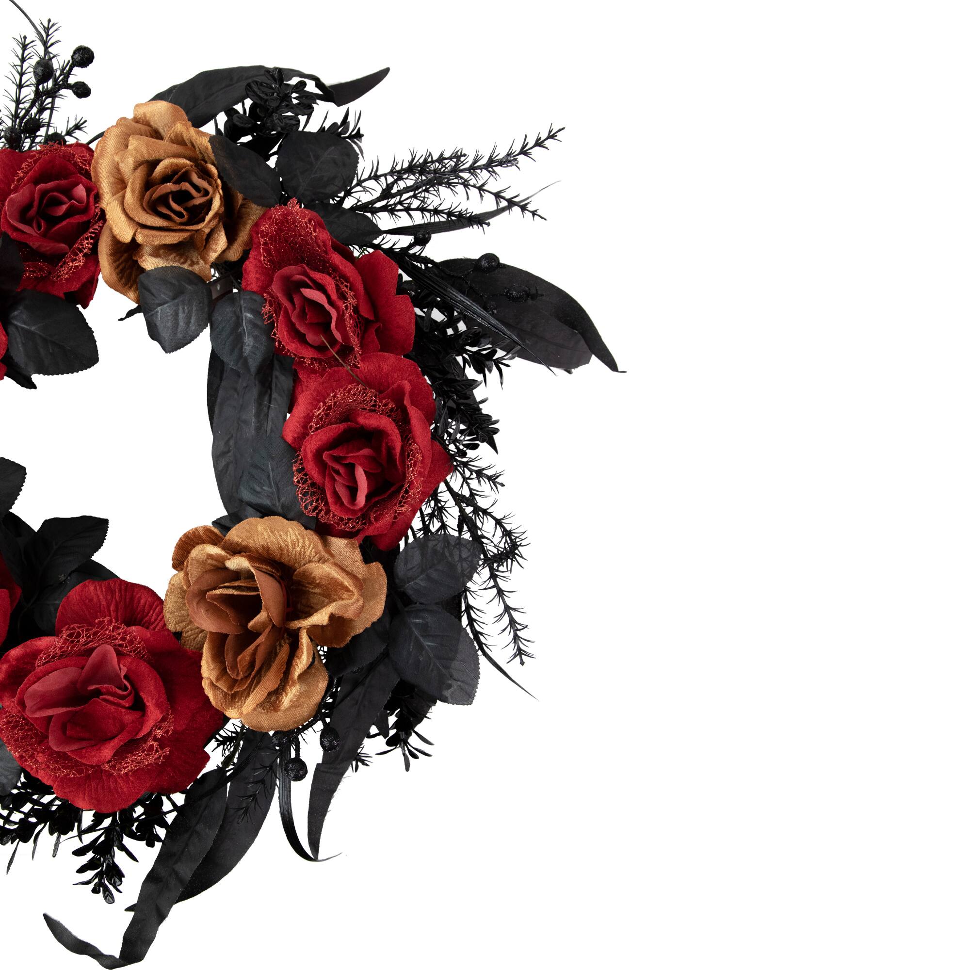 22&#x22; Red &#x26; Gold Roses with Black Foliage Halloween Wreath