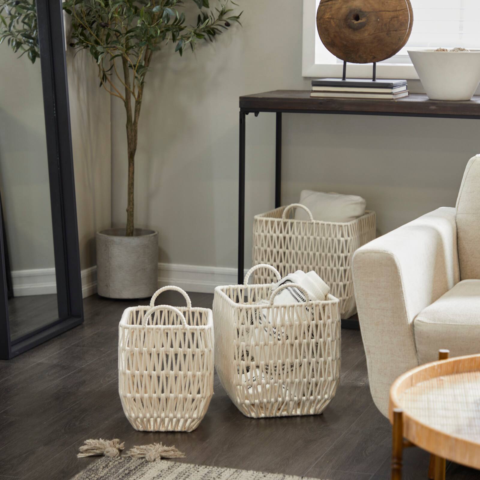 White Cotton Handmade Storage Basket with Handles Set of 3 18&#x22;, 16&#x22;, 15&#x22;