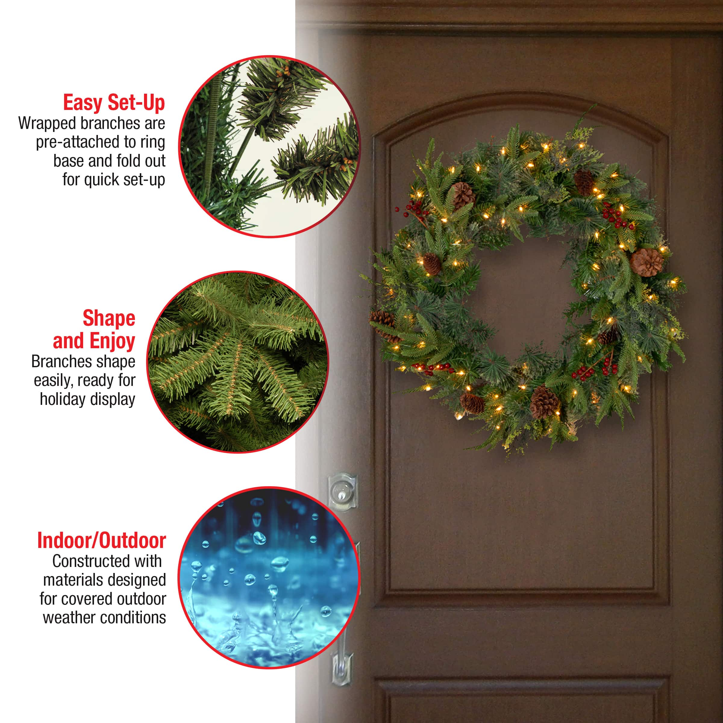 30&#x22; Feel Real&#xAE; Colonial Wreath with Berries, Cones &#x26; 50ct. Clear Lights