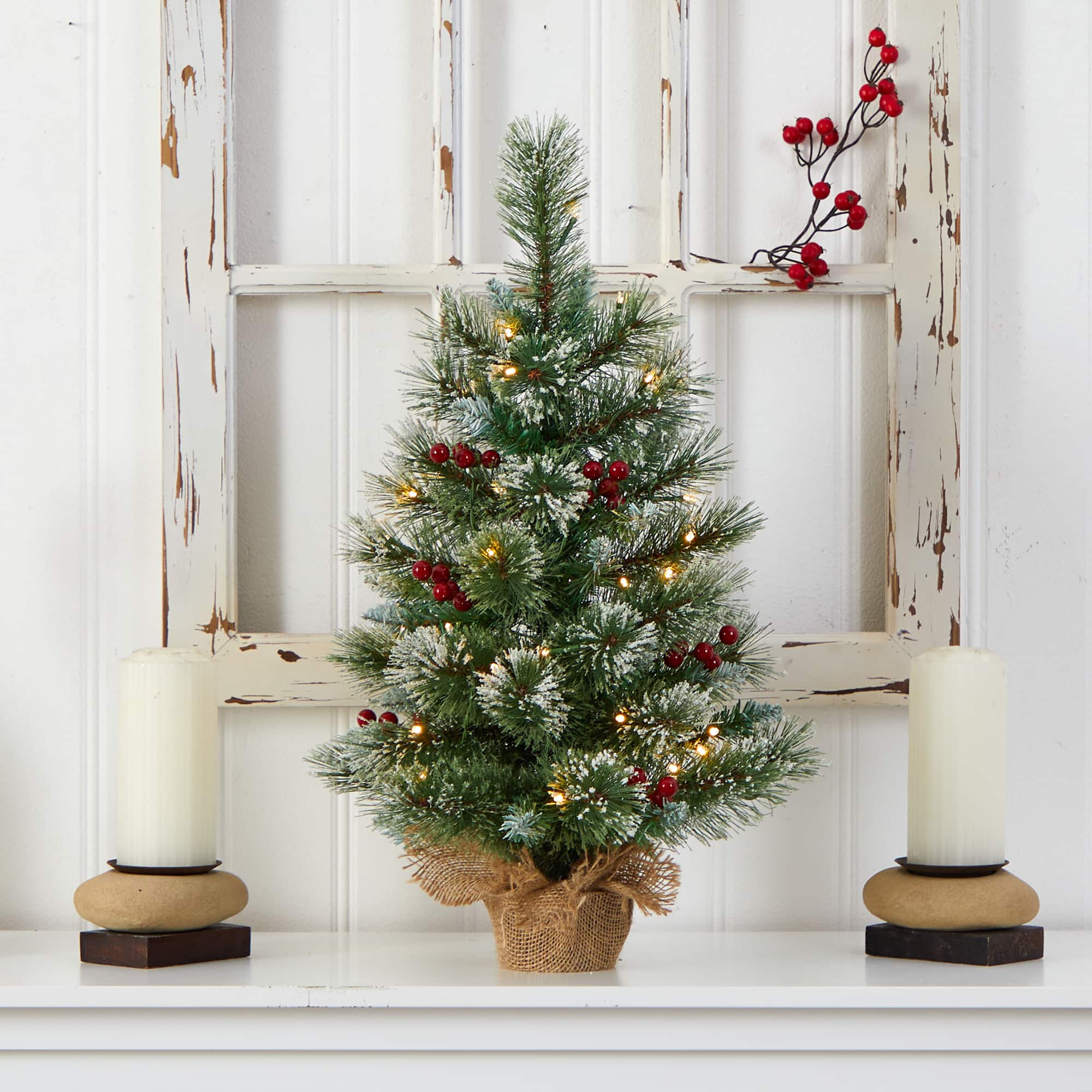 2ft. Pre-Lit Flocked Pine &#x26; Berry Artificial Christmas Tree in Burlap Base, Warm White LED Lights