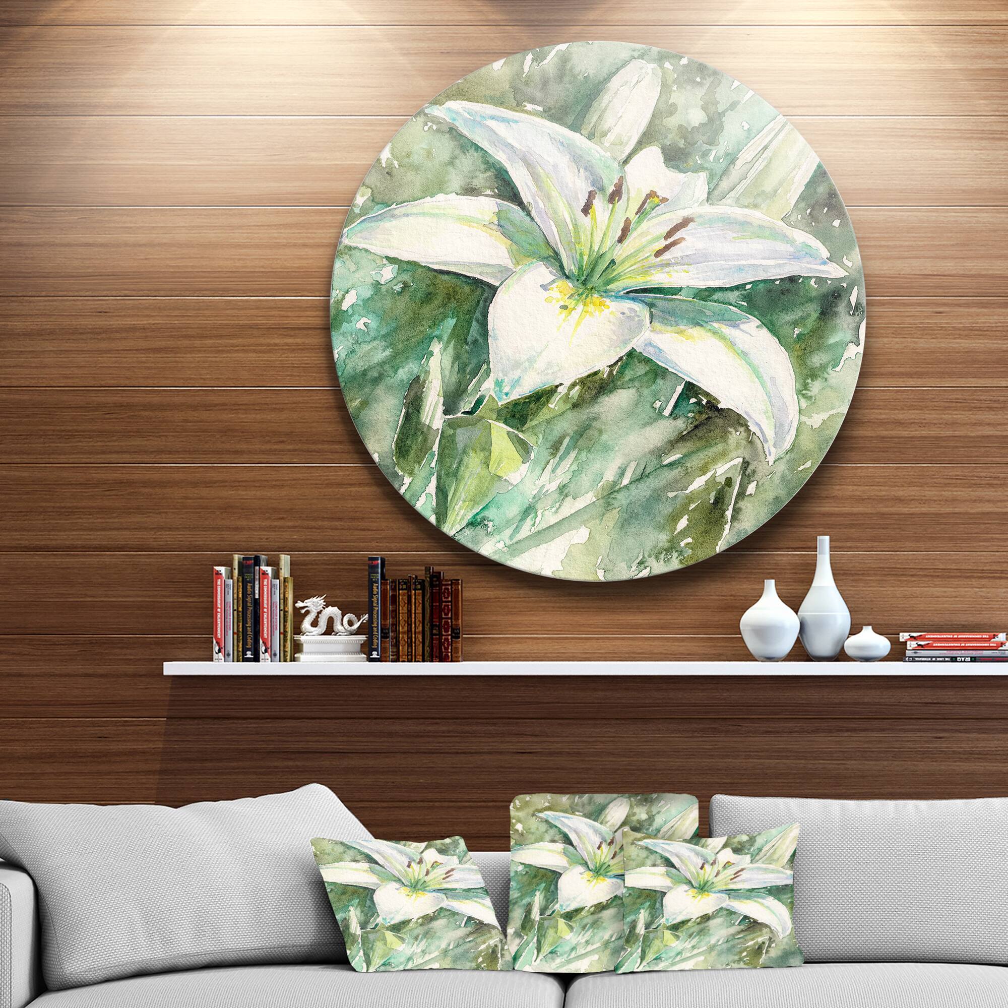 Designart - Large White Lily Painting' Ultra Vibrant Floral Metal Circle Wall Art