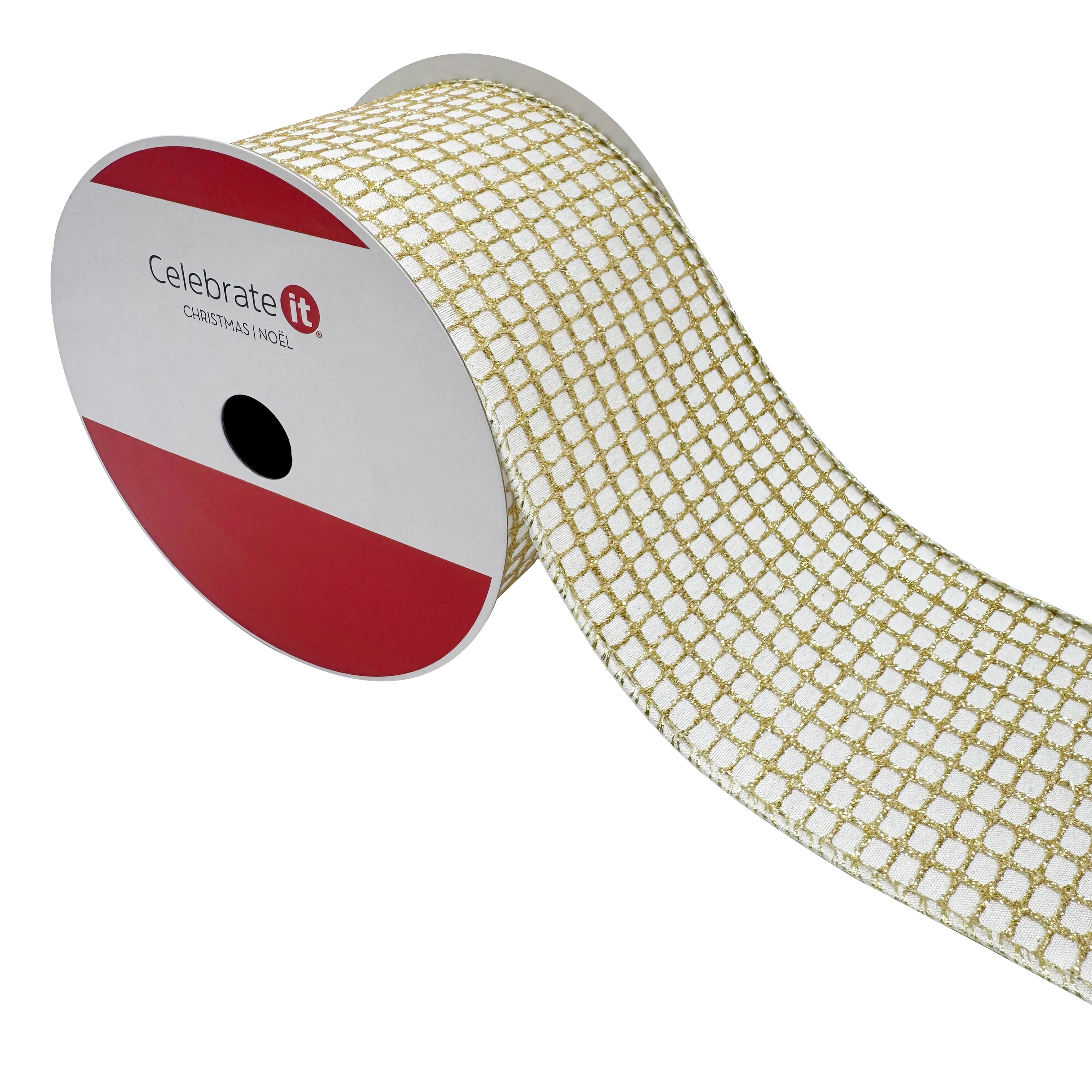 3.5" x 15ft. Cream & Gold Glitter Grid Wired Ribbon by Celebrate It®