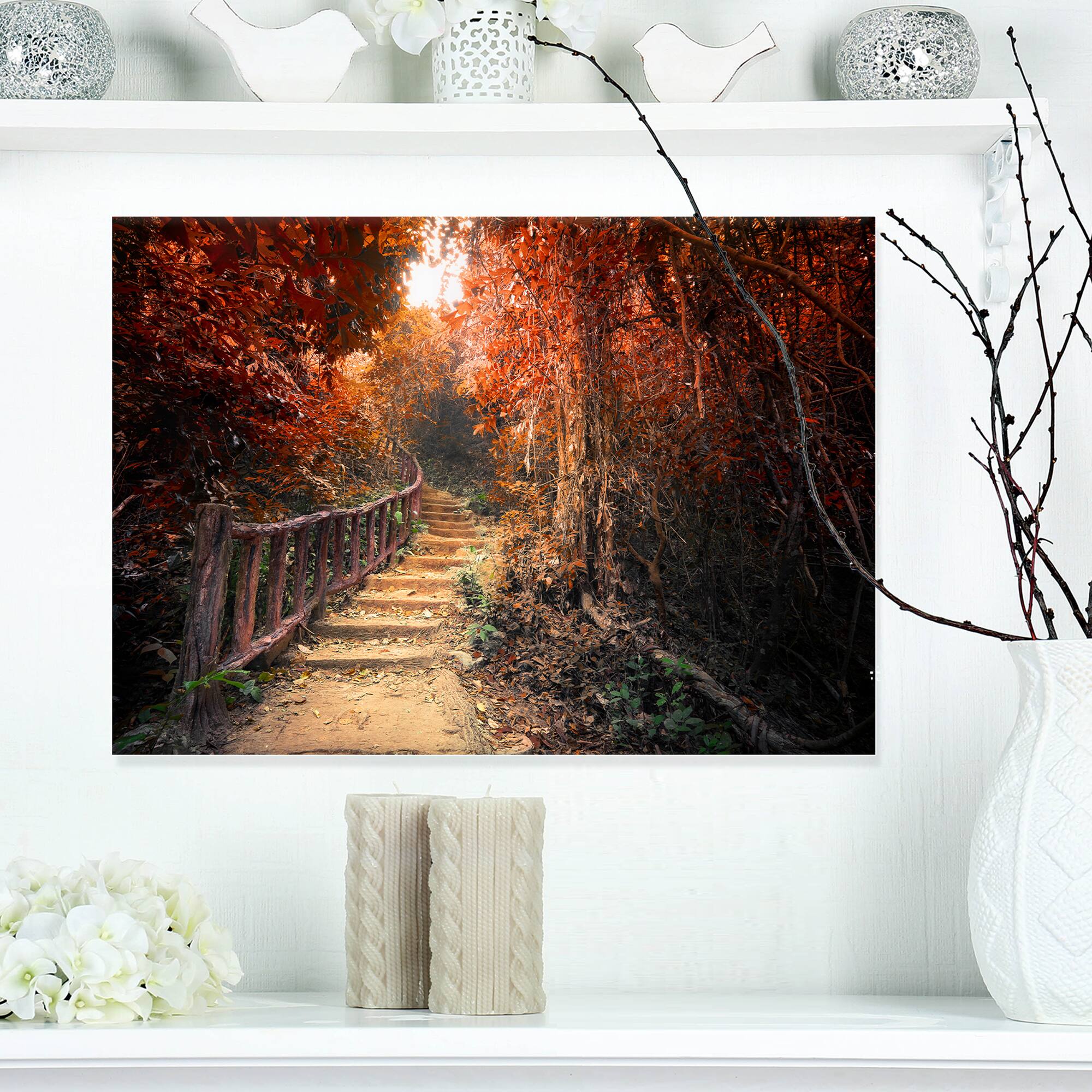 Designart - Stairway Through Red Fall Forest - Landscape Photography Canvas Print