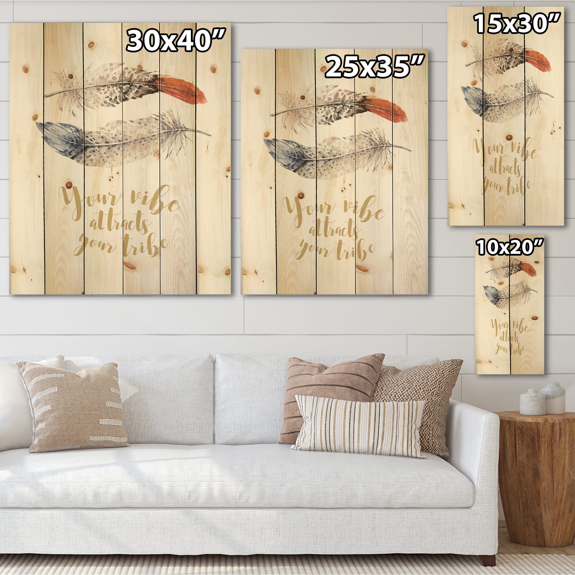 Designart - Two Feathers Your VIbe Attracts Your Tribe - Bohemian &#x26; Eclectic Print on Natural Pine Wood