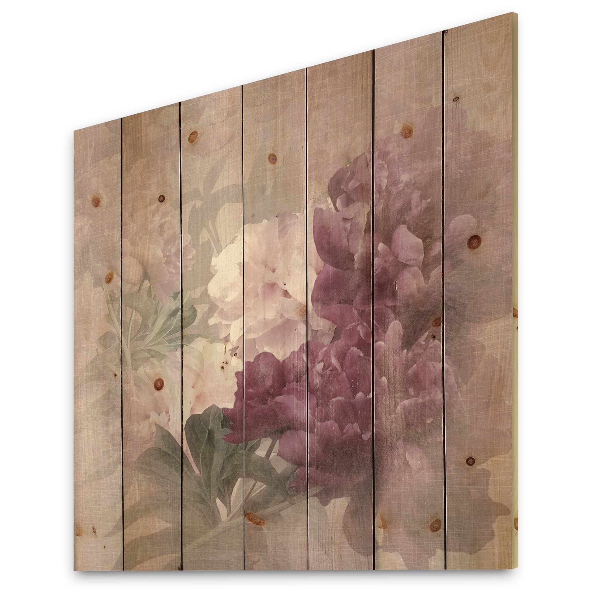 Designart - Vintage Purple and Pink Flowers II - Traditional Print on Natural Pine Wood