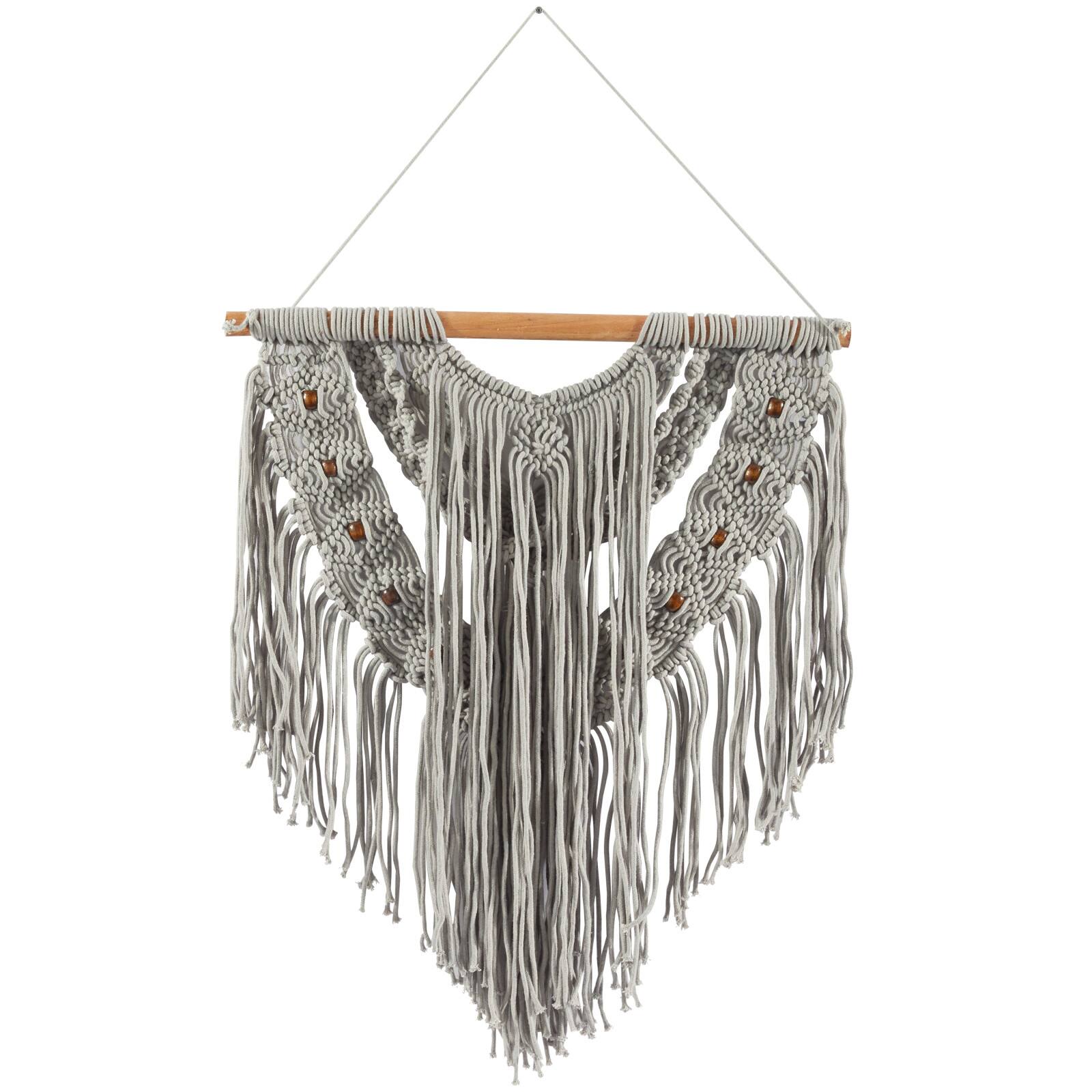 Gray Cotton Handmade Intricately Weaved Macrame Wall Decor with Beaded Fringe Tassels 32" x 1" x 42"