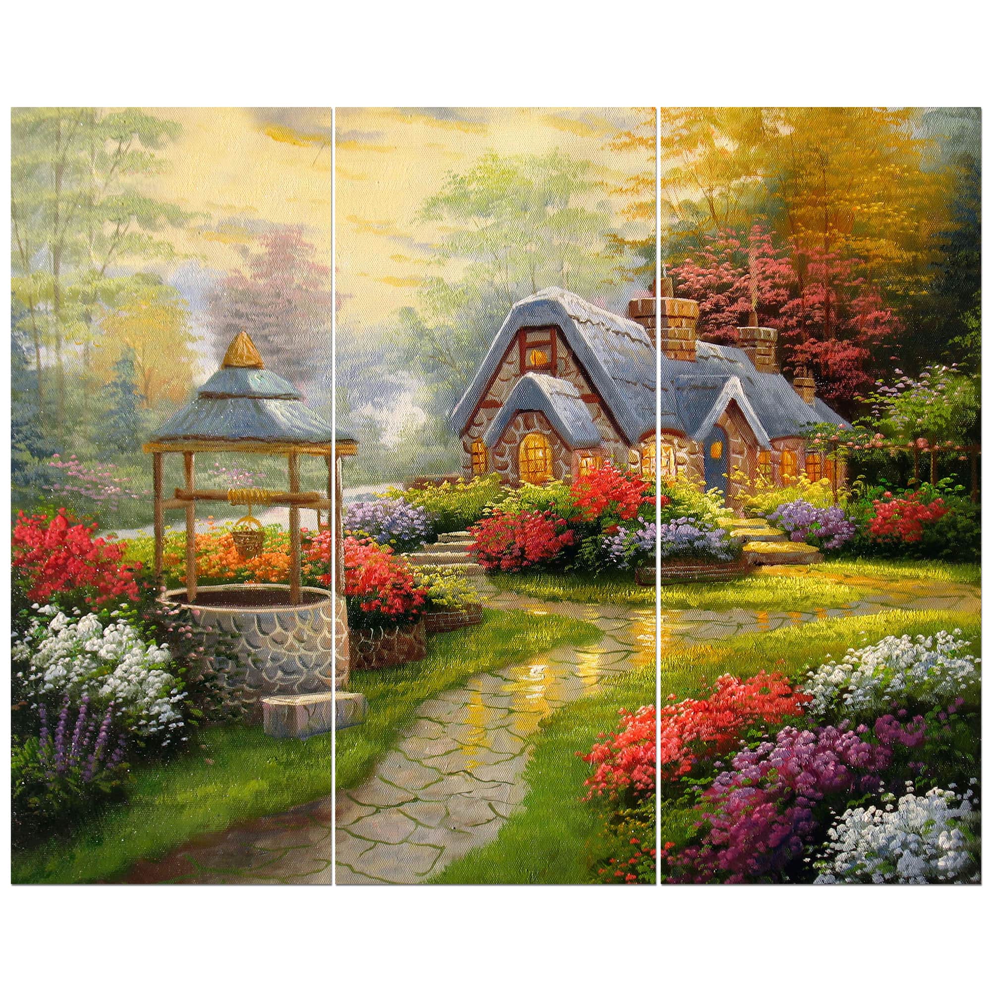 Designart - Sunset Stone Country Cottage - Floral Painting Print on Wrapped Canvas  set
