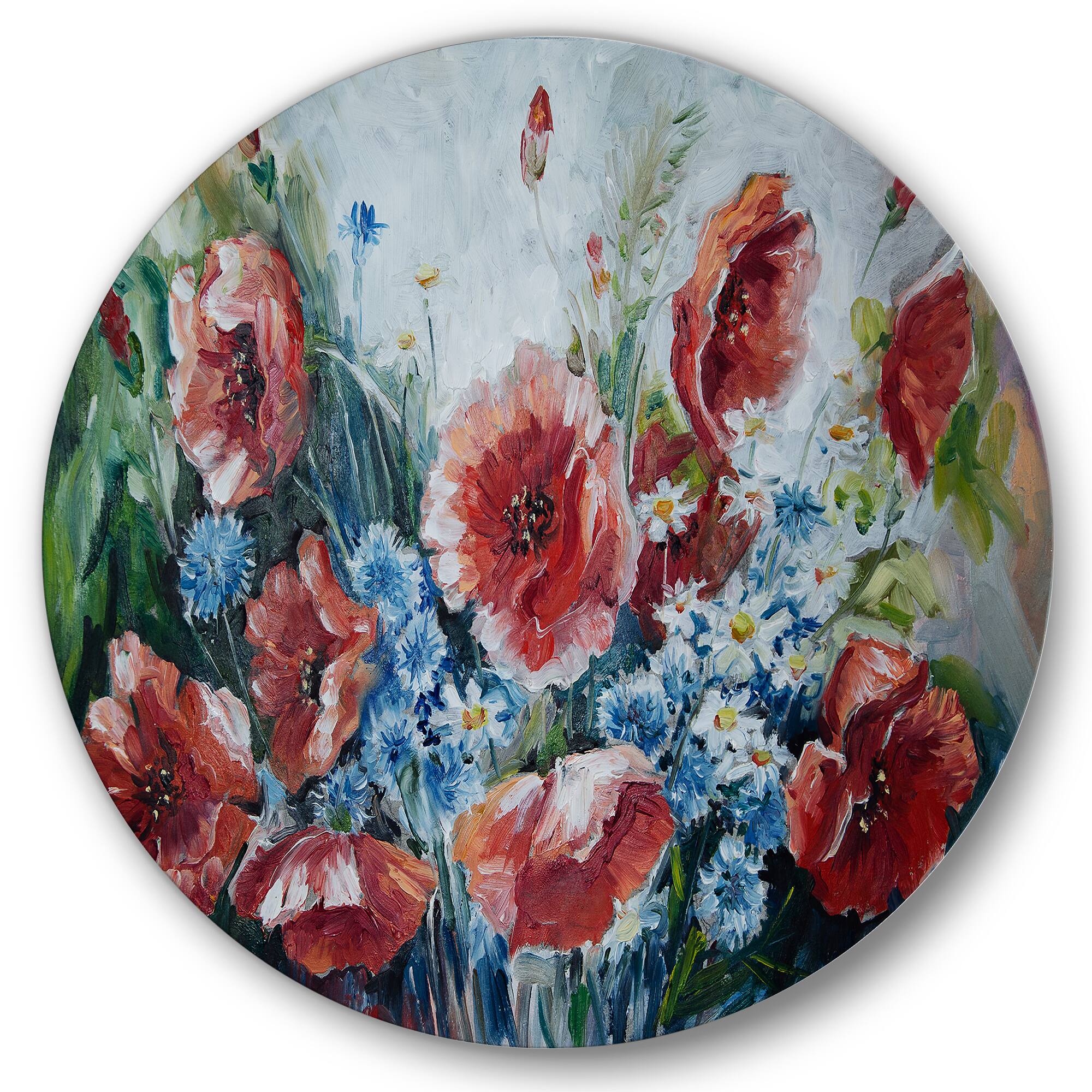 Designart - Retro Bouquet of Poppies - Traditional Metal Circle Wall Art