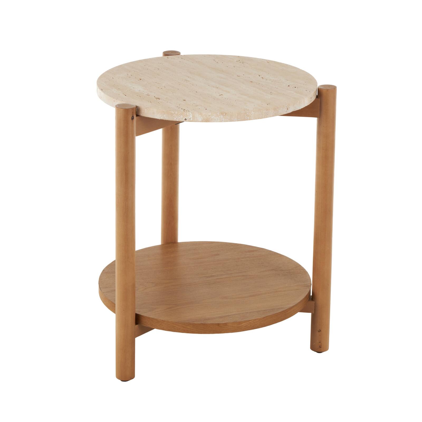 20.25" Brown Wood Handmade Round Side End Accent Table with Beige Marble Top