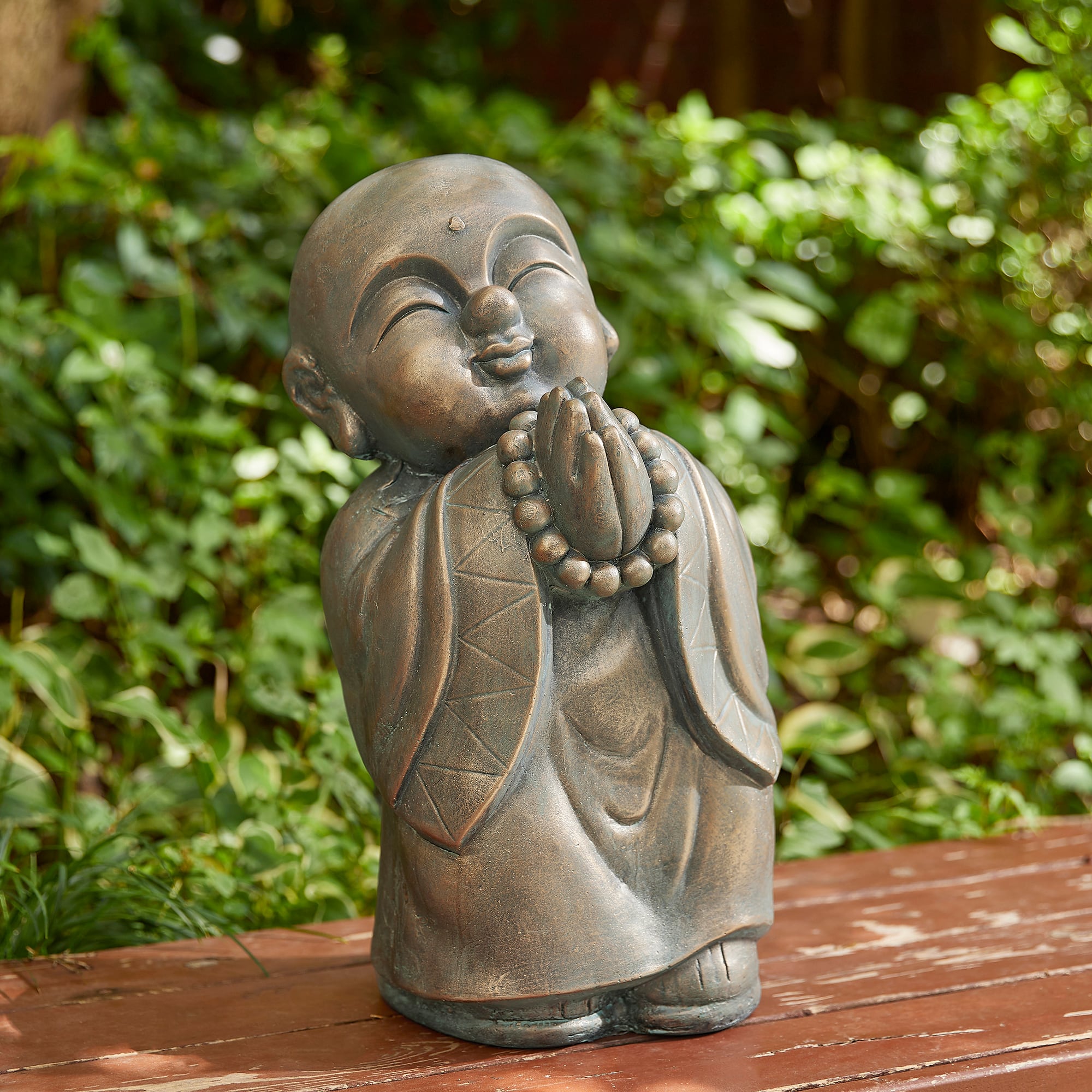 Glitzhome® 16.5" Faux Bronze Little Buddha Monk Garden Statue