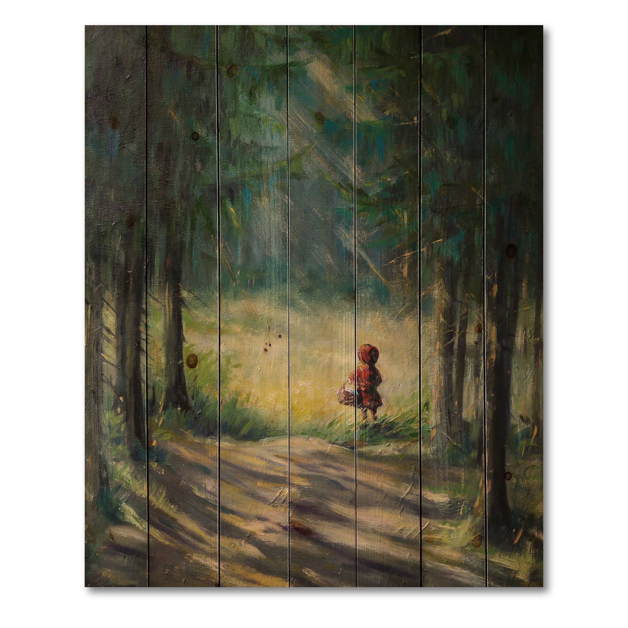 Designart - Little Red Riding Hood In The Woods - Traditional Print on Natural Pine Wood