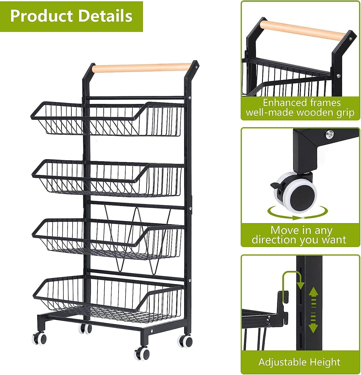 Siavonce 4 Tier Fruit Vegetable Basket for Kitchen, Storage Cart, Vegetable Basket Bins, Wire Storage Organizer Cart with Wheels