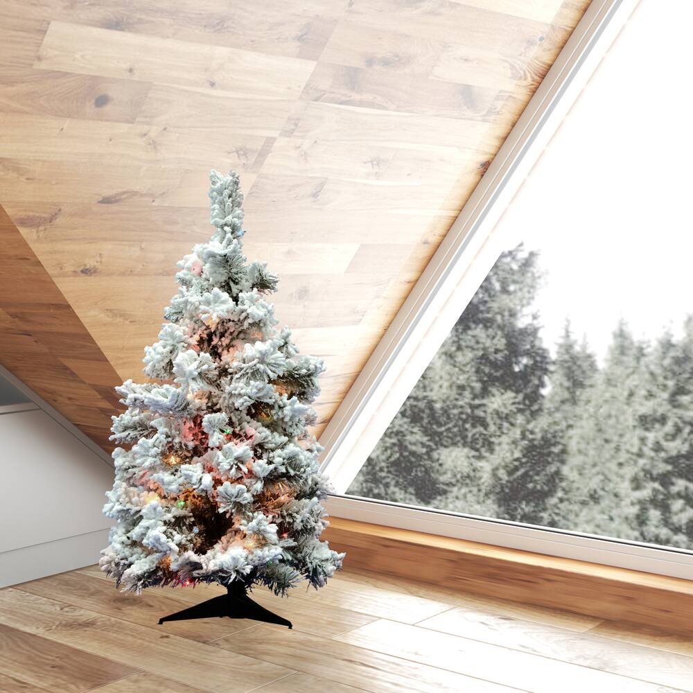 3ft. Pre-Lit Flocked Alaskan Pine Artificial Christmas Tree, Multicolor Dura-Lit&#xAE; Lights