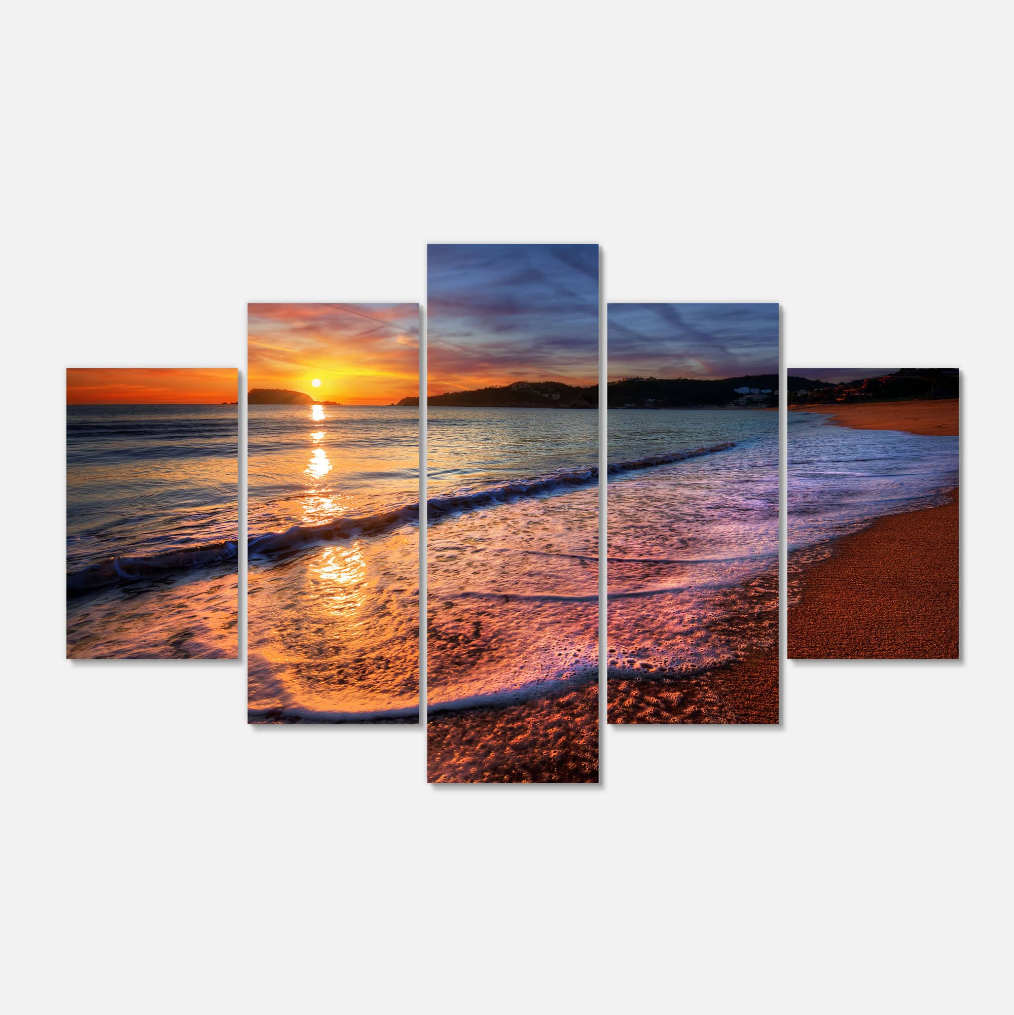Designart - Foaming Waves at Beautiful Sunset - Large Seashore Canvas Art Print